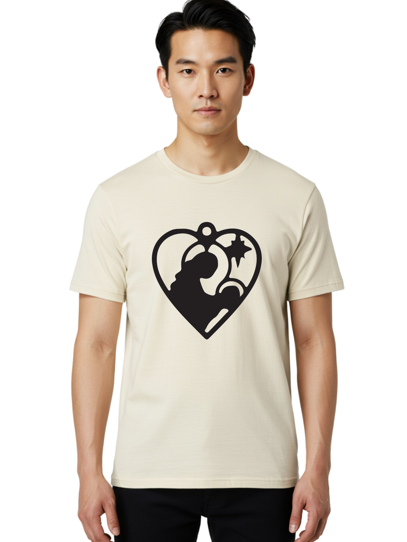 Mother-And-Child Men'S Graphic Tee, 100% Cotton, Comfortable Casual Summer Wear, Machine Washable, Mother And Child Silhouette, Heart-Shaped Ornament, Love Symbol, Family Bond, Nurturing Moment, Star And Crescent Moon Aad021