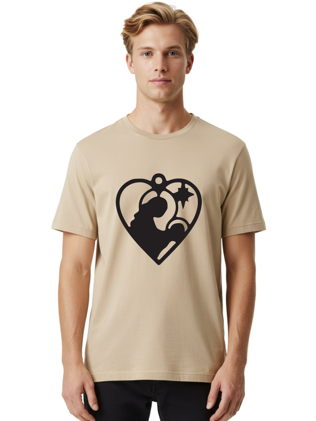 Mother-And-Child Men'S Graphic Tee, 100% Cotton, Comfortable Casual Summer Wear, Machine Washable, Mother And Child Silhouette, Heart-Shaped Ornament, Love Symbol, Family Bond, Nurturing Moment, Star And Crescent Moon Aad021