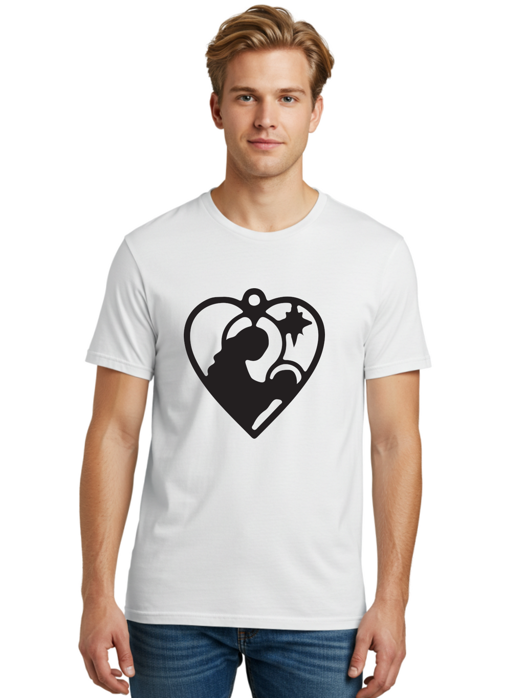 Mother-And-Child Men'S Graphic Tee, 100% Cotton, Comfortable Casual Summer Wear, Machine Washable, Mother And Child Silhouette, Heart-Shaped Ornament, Love Symbol, Family Bond, Nurturing Moment, Star And Crescent Moon Aad021