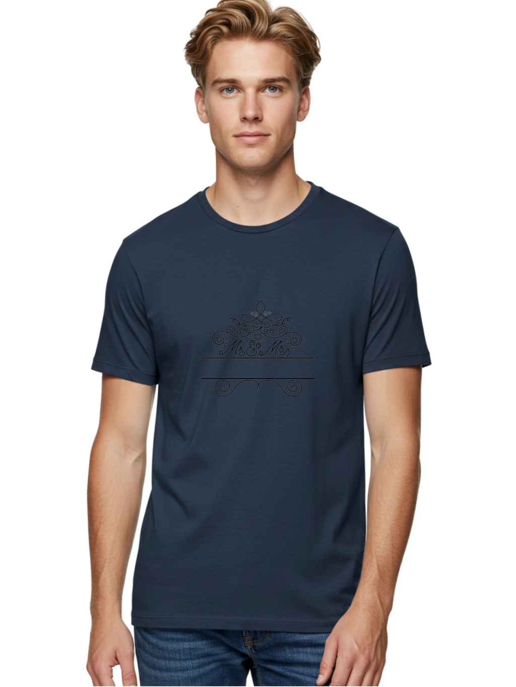 Mr-Mrs Men'S Graphic Tee, 100% Cotton, Comfortable Casual Summer Wear, Machine Washable, Wedding Invitation, Couple'S Love, Mr & Mrs, Elegant Design, Ornate Tiara, Swirling Patterns, Heart Motifs, Luxury Wedding, Black Line Art, Aad031