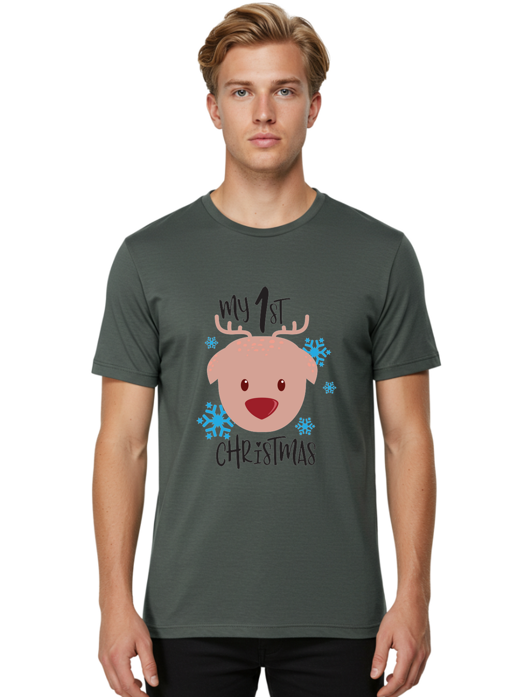 My-1St-Christist Men'S Graphic Tee, 100% Cotton, Comfortable Casual Summer Wear, Machine Washable, Baby'S First Christmas, Festive Illustration, Cute Reindeer Face, Snowflakes, Holiday Design, Winter Wonderland, Joyful Atmosphere, Aad033