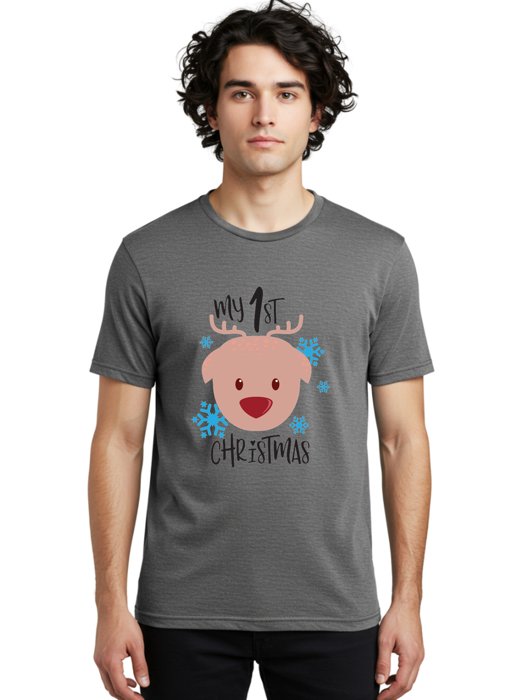 My-1St-Christist Men'S Graphic Tee, 100% Cotton, Comfortable Casual Summer Wear, Machine Washable, Baby'S First Christmas, Festive Illustration, Cute Reindeer Face, Snowflakes, Holiday Design, Winter Wonderland, Joyful Atmosphere, Aad033