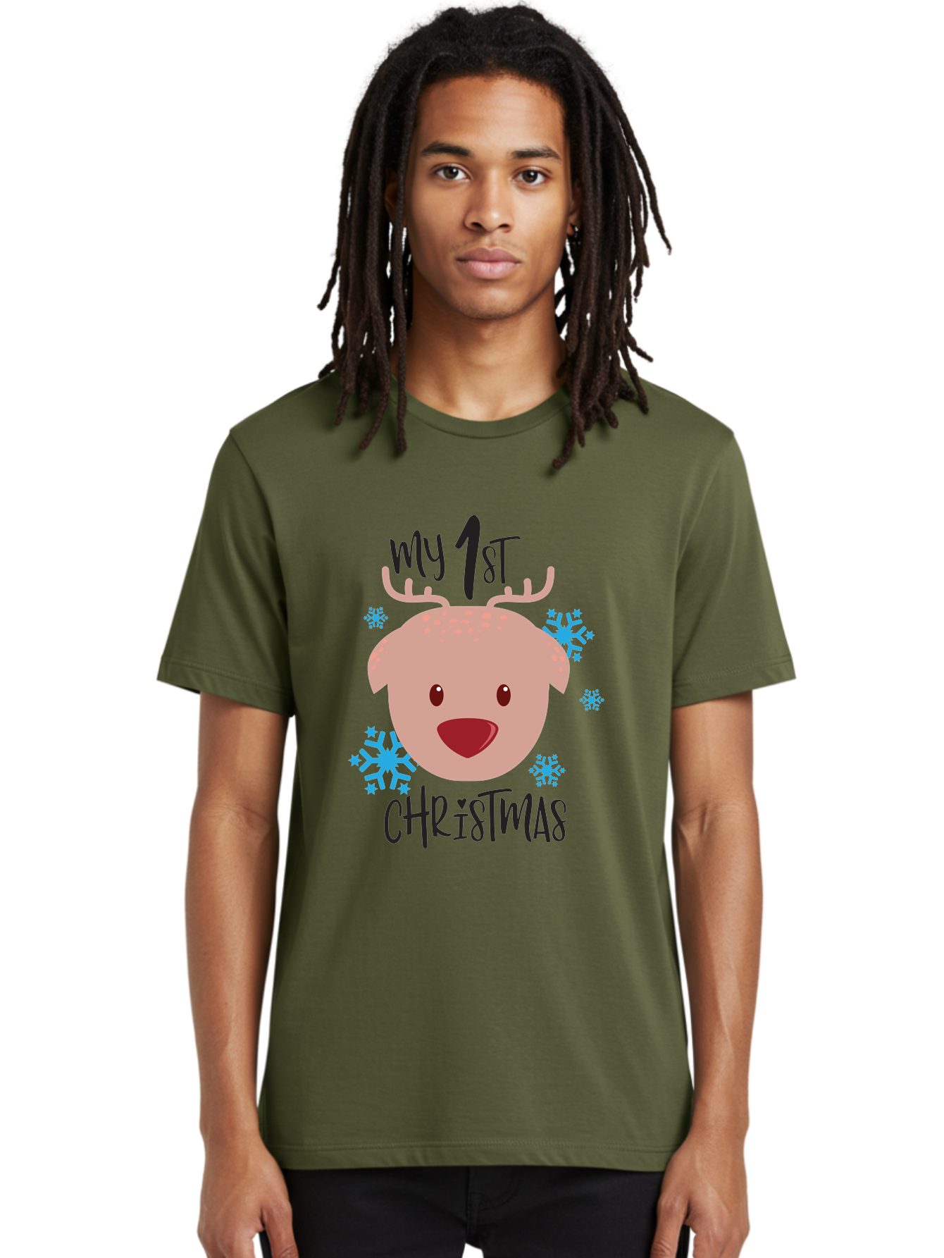 My-1St-Christist Men'S Graphic Tee, 100% Cotton, Comfortable Casual Summer Wear, Machine Washable, Baby'S First Christmas, Festive Illustration, Cute Reindeer Face, Snowflakes, Holiday Design, Winter Wonderland, Joyful Atmosphere, Aad033