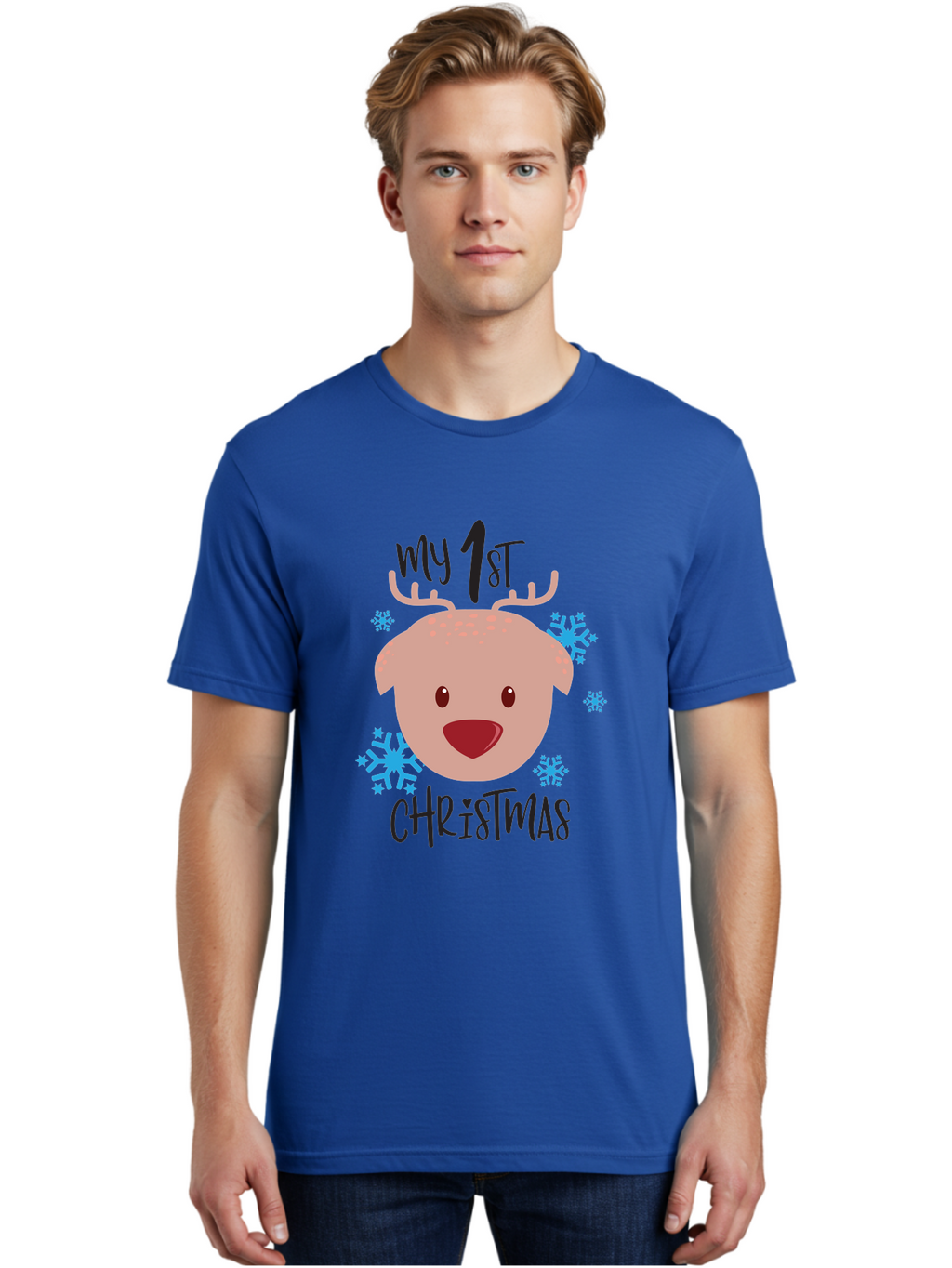 My-1St-Christist Men'S Graphic Tee, 100% Cotton, Comfortable Casual Summer Wear, Machine Washable, Baby'S First Christmas, Festive Illustration, Cute Reindeer Face, Snowflakes, Holiday Design, Winter Wonderland, Joyful Atmosphere, Aad033