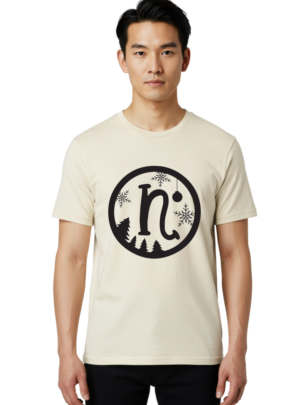 N Men'S Graphic Tee, 100% Cotton, Comfortable Casual Summer Wear, Machine Washable, Winter Wonderland, Snowflakes, Christmas Ornament, Pine Trees, Festive Decor, Holiday Theme, Winter Season Aad049