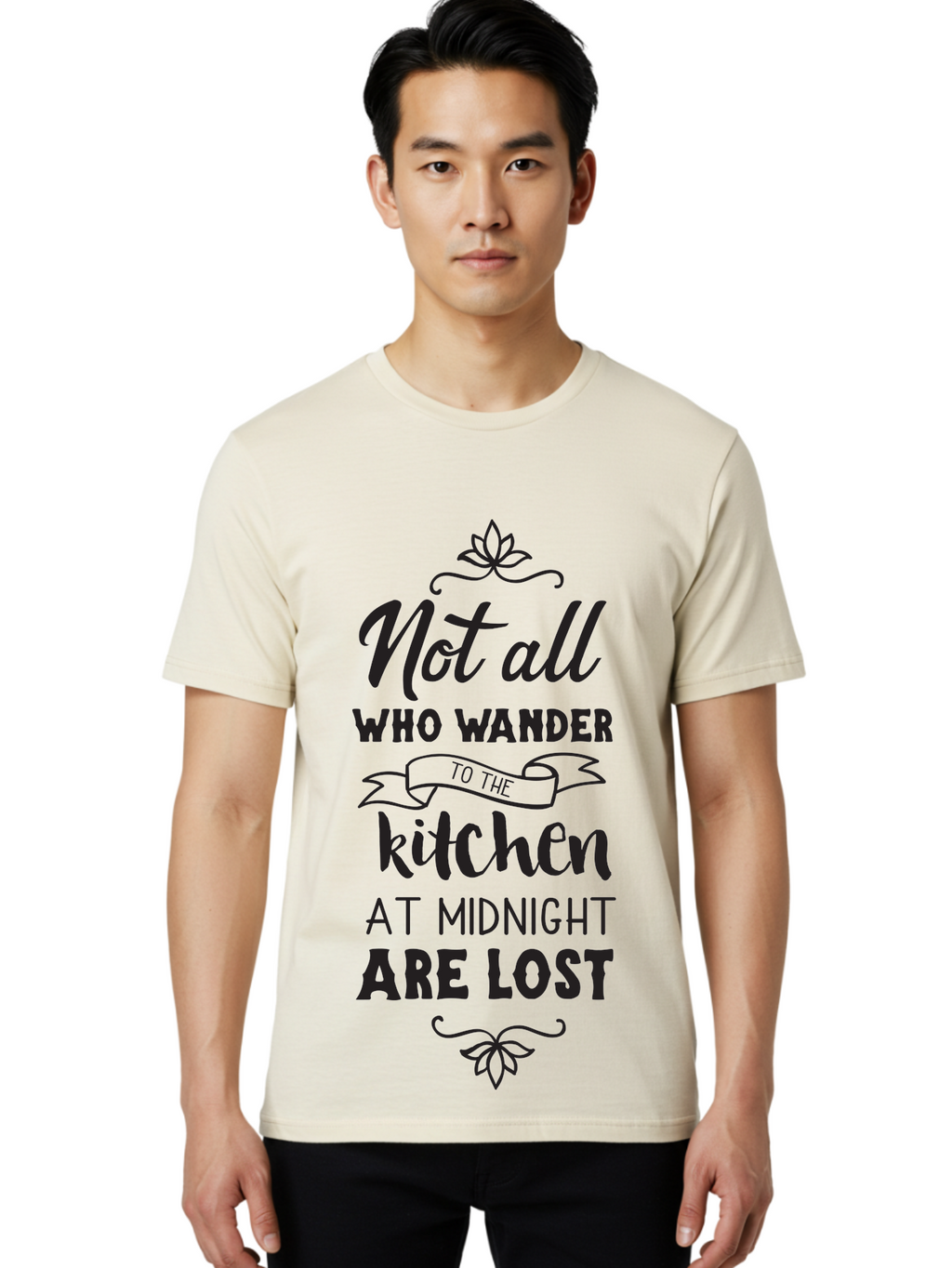 Not-All-Who-Wander-To-The-Kitchen-At-Midnight-Are-Lost Men'S Graphic Tee, 100% Cotton, Comfortable Casual Summer Wear, Machine Washable, Funny Kitchen Quote, Midnight Snack, Wander To Kitchen, Lost At Midnight, Kitchen Humor, Aad058