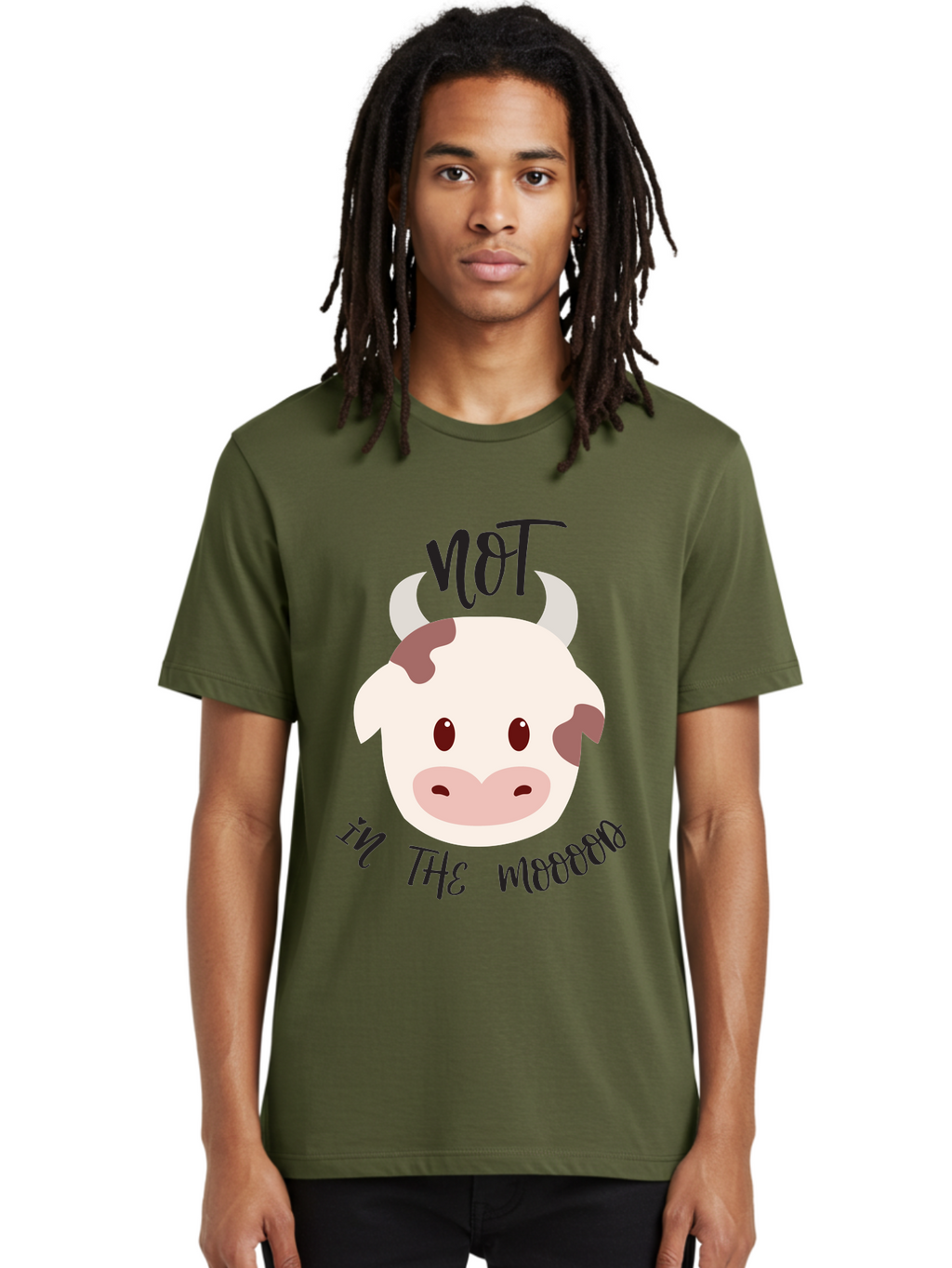 Not-In-The-Mood-Cow Men'S Graphic Tee, 100% Cotton, Comfortable Casual Summer Wear, Machine Washable, Cartoon Cow Face, Funny Cow Illustration, Cow Meme, Cow Humor, Cow Graphics, Animal Graphics, Quirky Illustration, Humorous Art Aad060