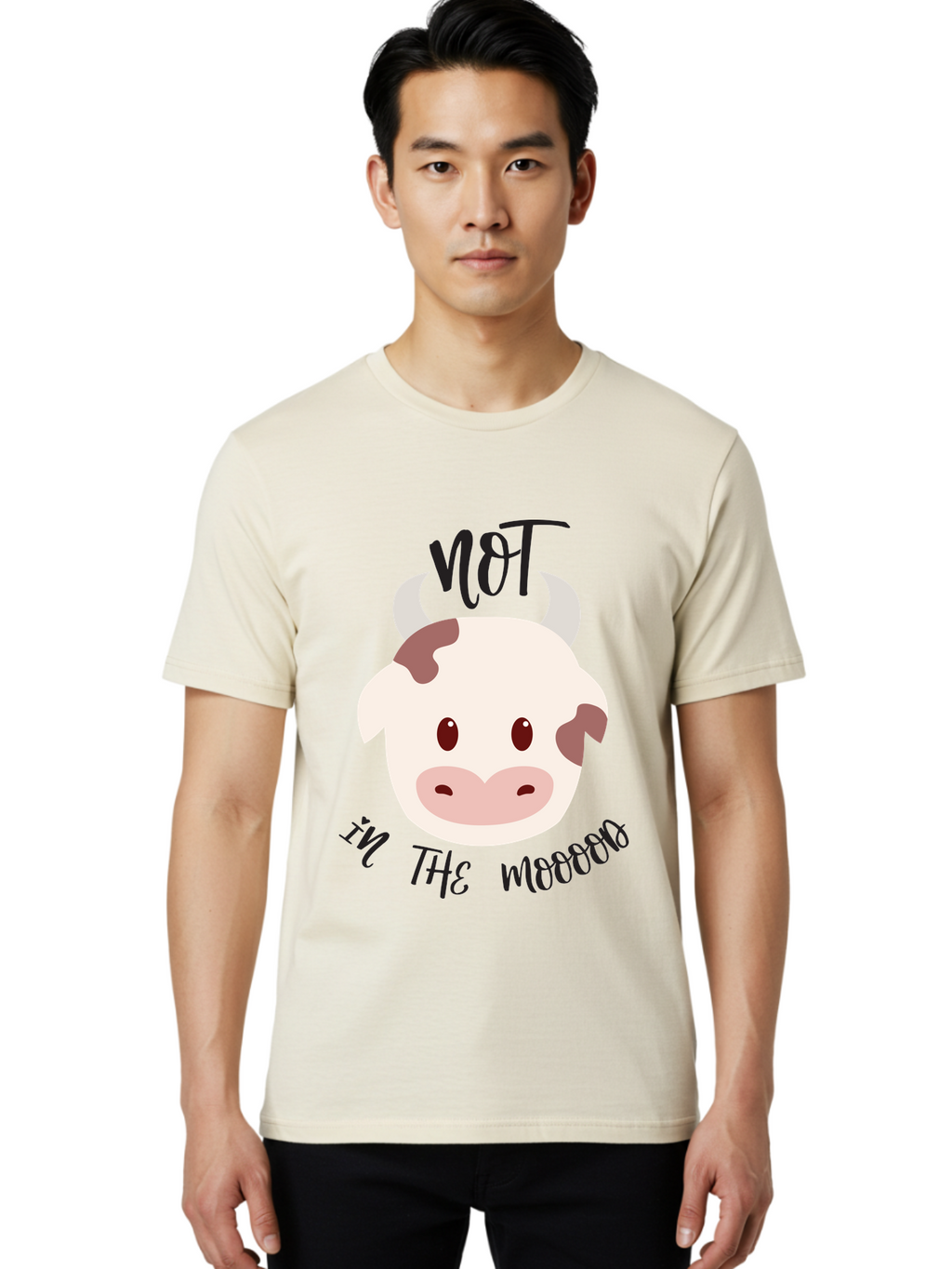 Not-In-The-Mood-Cow Men'S Graphic Tee, 100% Cotton, Comfortable Casual Summer Wear, Machine Washable, Cartoon Cow Face, Funny Cow Illustration, Cow Meme, Cow Humor, Cow Graphics, Animal Graphics, Quirky Illustration, Humorous Art Aad060