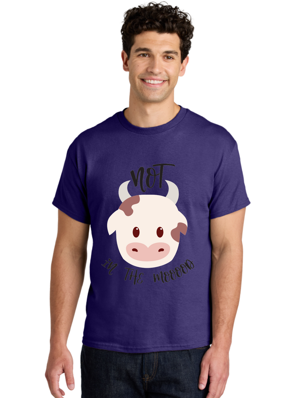 Not-In-The-Mood-Cow Men'S Graphic Tee, 100% Cotton, Comfortable Casual Summer Wear, Machine Washable, Cartoon Cow Face, Funny Cow Illustration, Cow Meme, Cow Humor, Cow Graphics, Animal Graphics, Quirky Illustration, Humorous Art Aad060