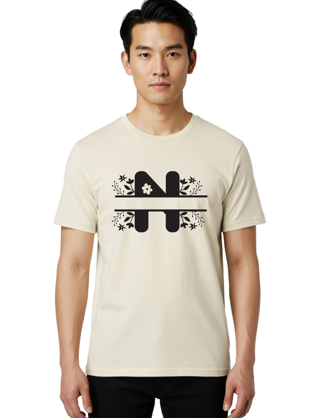 Nt-Logo Men'S Graphic Tee, 100% Cotton, Comfortable Casual Summer Wear, Machine Washable, Stylish Alphabet, Floral Design, Artistic Typography, Decorative Lettering, Elegant Font Style, Creative Graphics, Floral Motifs, Bold Typography, Aad061