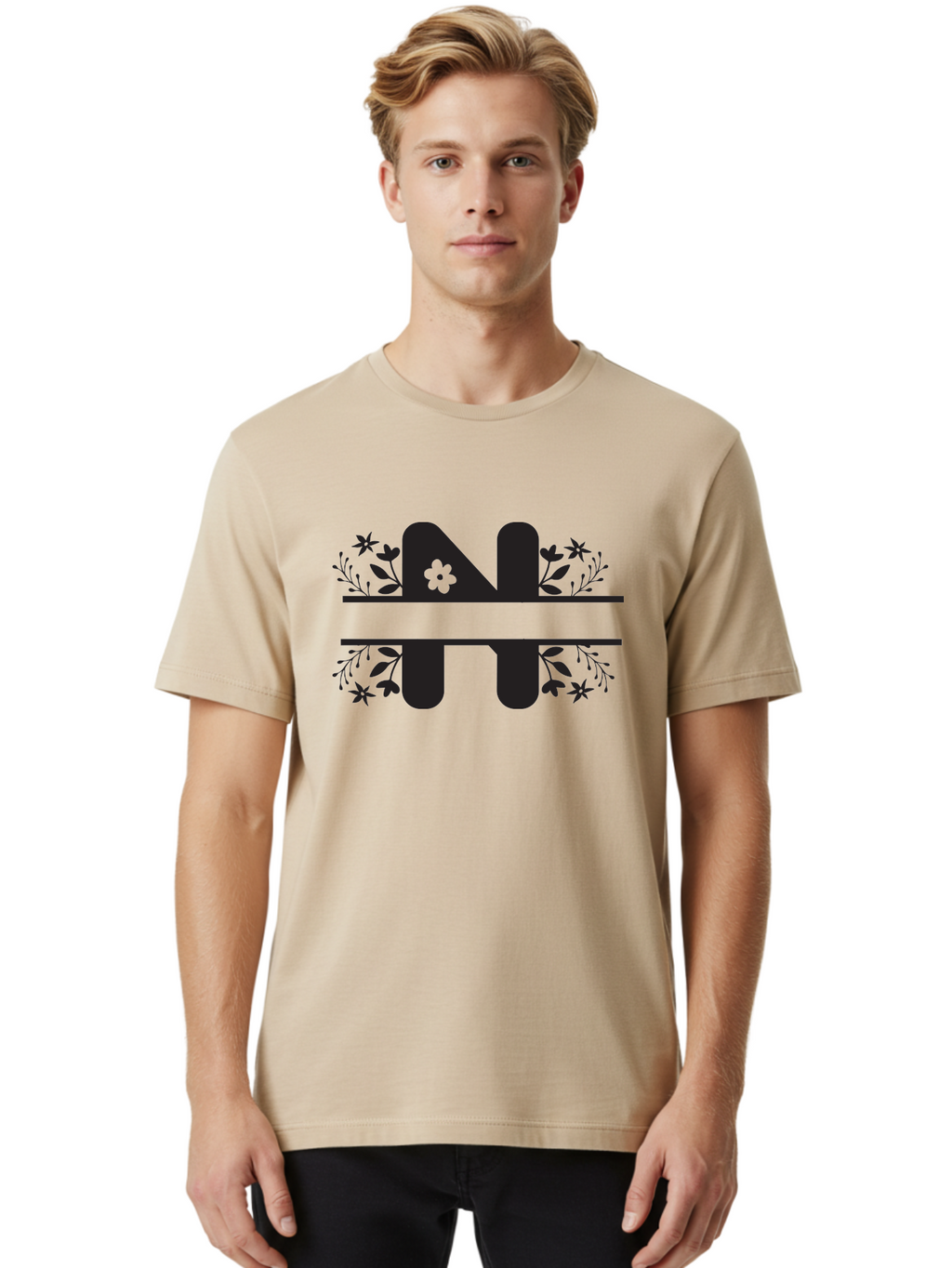 Nt-Logo Men'S Graphic Tee, 100% Cotton, Comfortable Casual Summer Wear, Machine Washable, Stylish Alphabet, Floral Design, Artistic Typography, Decorative Lettering, Elegant Font Style, Creative Graphics, Floral Motifs, Bold Typography, Aad061