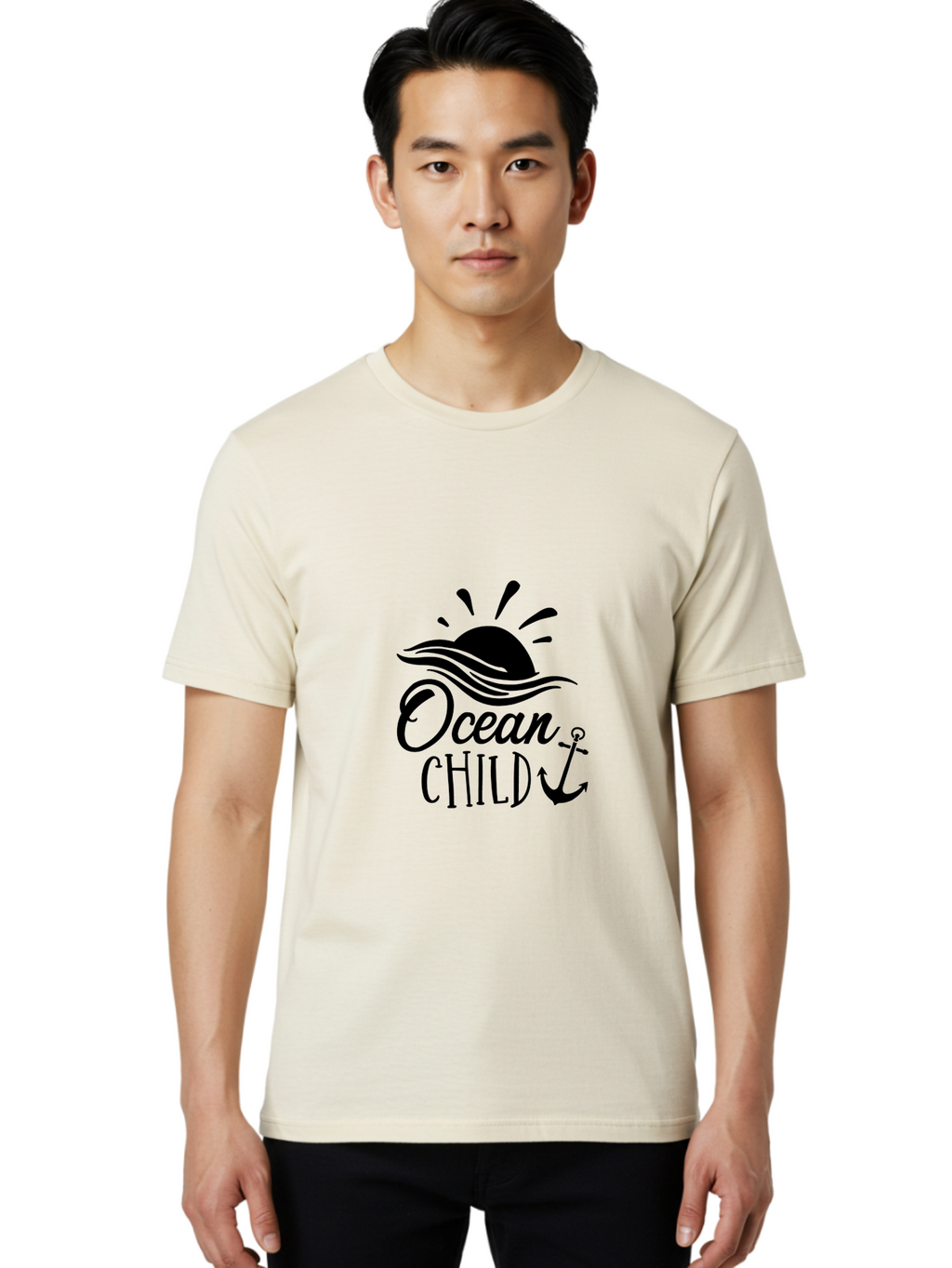 Ocean-Child Men'S Graphic Tee, 100% Cotton, Comfortable Casual Summer Wear, Machine Washable, Ocean Child, Nautical Theme, Ocean Waves, Setting Sun, Anchor Symbol, Beach Vibes, Ocean Lover Gifts, Sea Inspiration, Coastal Elements Aad062