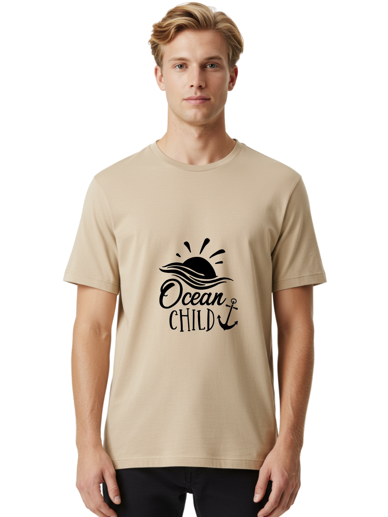 Ocean-Child Men'S Graphic Tee, 100% Cotton, Comfortable Casual Summer Wear, Machine Washable, Ocean Child, Nautical Theme, Ocean Waves, Setting Sun, Anchor Symbol, Beach Vibes, Ocean Lover Gifts, Sea Inspiration, Coastal Elements Aad062