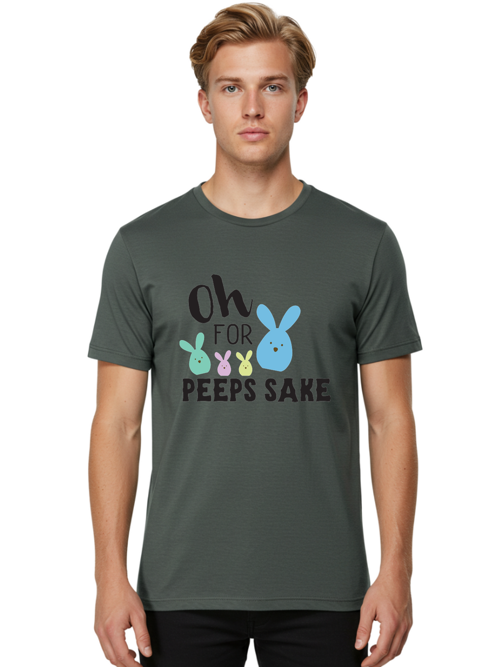 Oh-For-Peeps-Sake Men'S Graphic Tee, 100% Cotton, Comfortable Casual Summer Wear, Machine Washable, Easter Bunnies, Pastel Colors, Cute Cartoon Characters, Funny Easter Quote, Peeps Candy, Bunny Love, Easter Fun, Spring Vibes Aad067