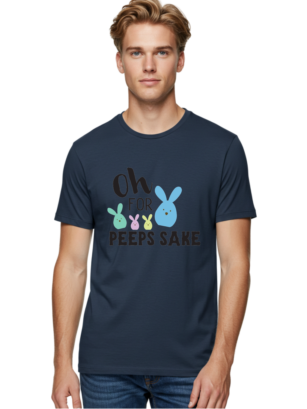 Oh-For-Peeps-Sake Men'S Graphic Tee, 100% Cotton, Comfortable Casual Summer Wear, Machine Washable, Easter Bunnies, Pastel Colors, Cute Cartoon Characters, Funny Easter Quote, Peeps Candy, Bunny Love, Easter Fun, Spring Vibes Aad067