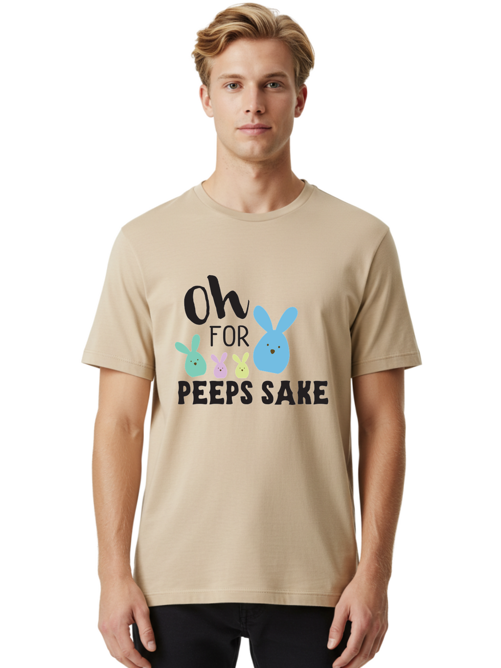 Oh-For-Peeps-Sake Men'S Graphic Tee, 100% Cotton, Comfortable Casual Summer Wear, Machine Washable, Easter Bunnies, Pastel Colors, Cute Cartoon Characters, Funny Easter Quote, Peeps Candy, Bunny Love, Easter Fun, Spring Vibes Aad067