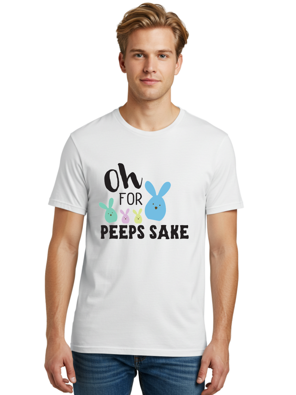 Oh-For-Peeps-Sake Men'S Graphic Tee, 100% Cotton, Comfortable Casual Summer Wear, Machine Washable, Easter Bunnies, Pastel Colors, Cute Cartoon Characters, Funny Easter Quote, Peeps Candy, Bunny Love, Easter Fun, Spring Vibes Aad067