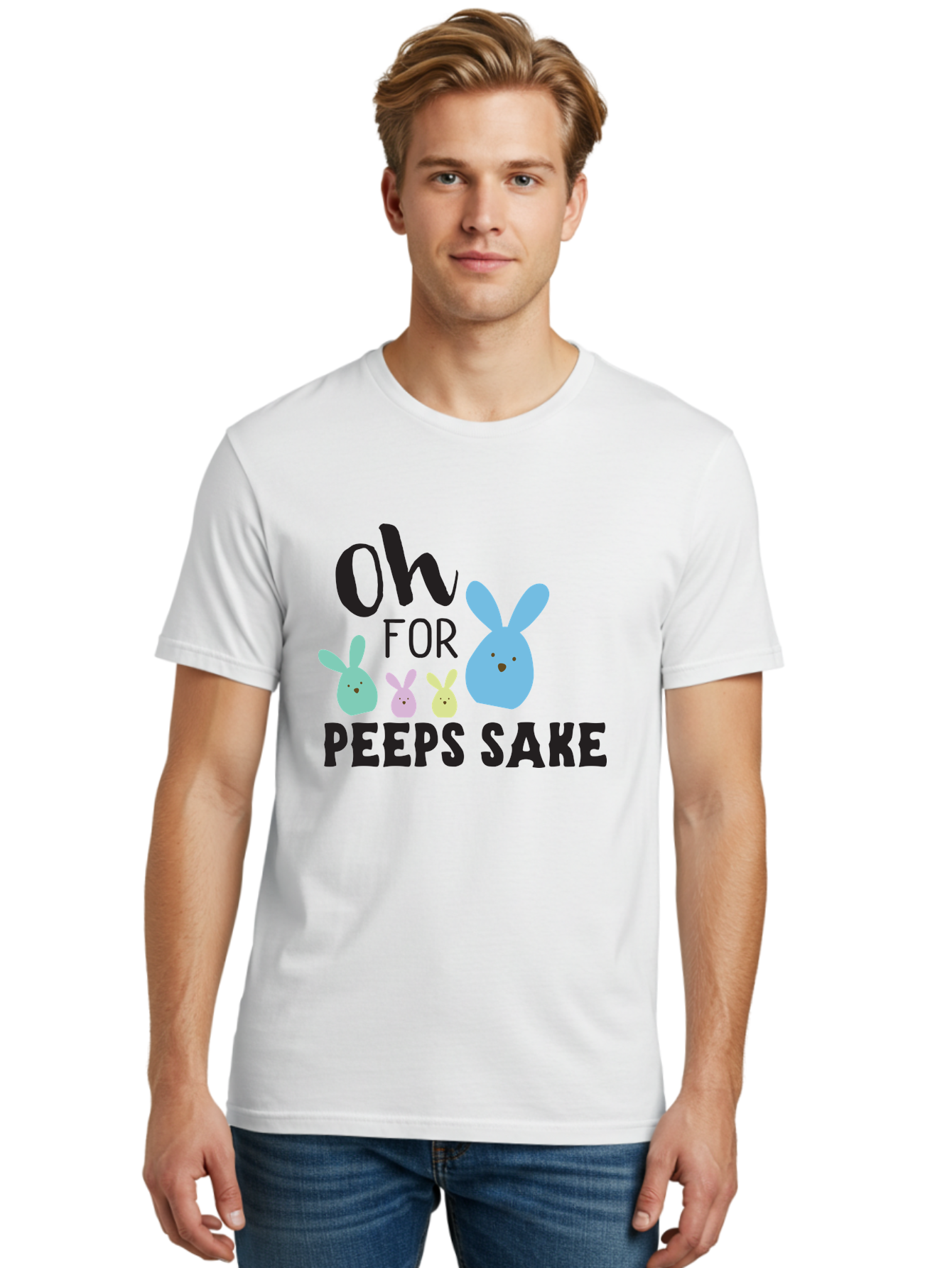 Oh-For-Peeps-Sake Men'S Graphic Tee, 100% Cotton, Comfortable Casual Summer Wear, Machine Washable, Easter Bunnies, Pastel Colors, Cute Cartoon Characters, Funny Easter Quote, Peeps Candy, Bunny Love, Easter Fun, Spring Vibes Aad067