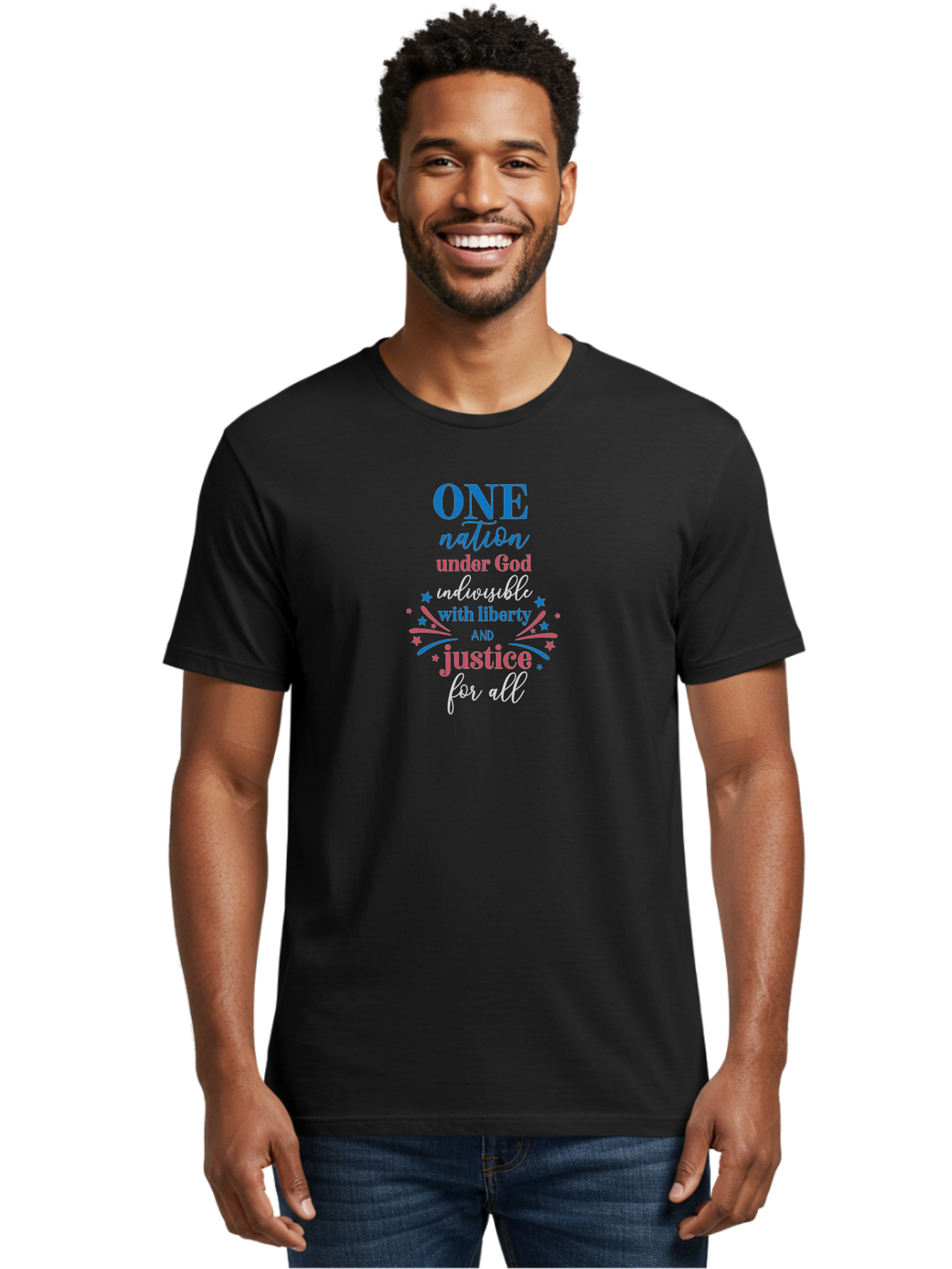 One-Nation-Under-God-Indivisible-With-Liberty-And-Justice-For-All Men'S Graphic Tee, 100% Cotton, Comfortable Casual Summer Wear, Machine Washable, Patriotic Quote, Pledge Of Allegiance, National Pride, American Values, Unity, Freedom, Aad072