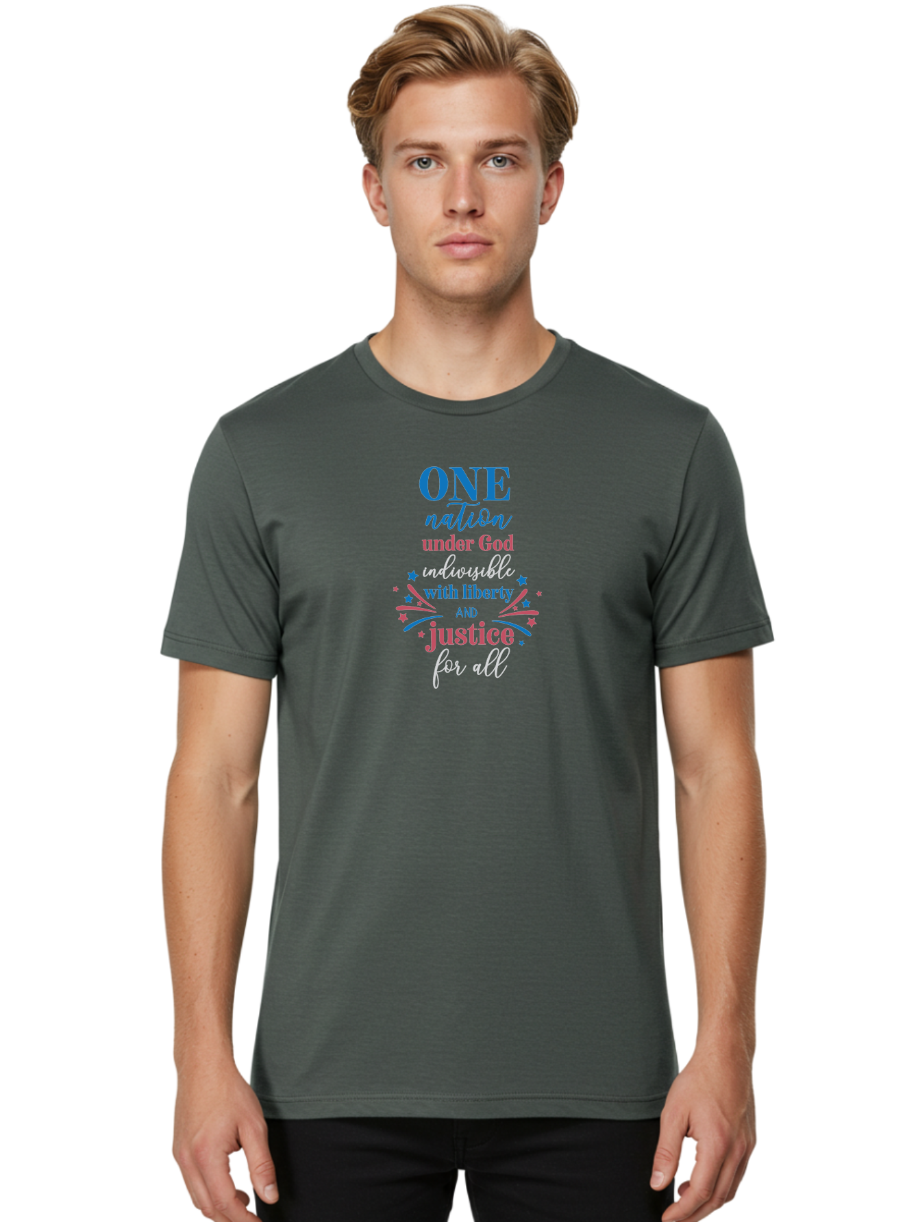 One-Nation-Under-God-Indivisible-With-Liberty-And-Justice-For-All Men'S Graphic Tee, 100% Cotton, Comfortable Casual Summer Wear, Machine Washable, Patriotic Quote, Pledge Of Allegiance, National Pride, American Values, Unity, Freedom, Aad072