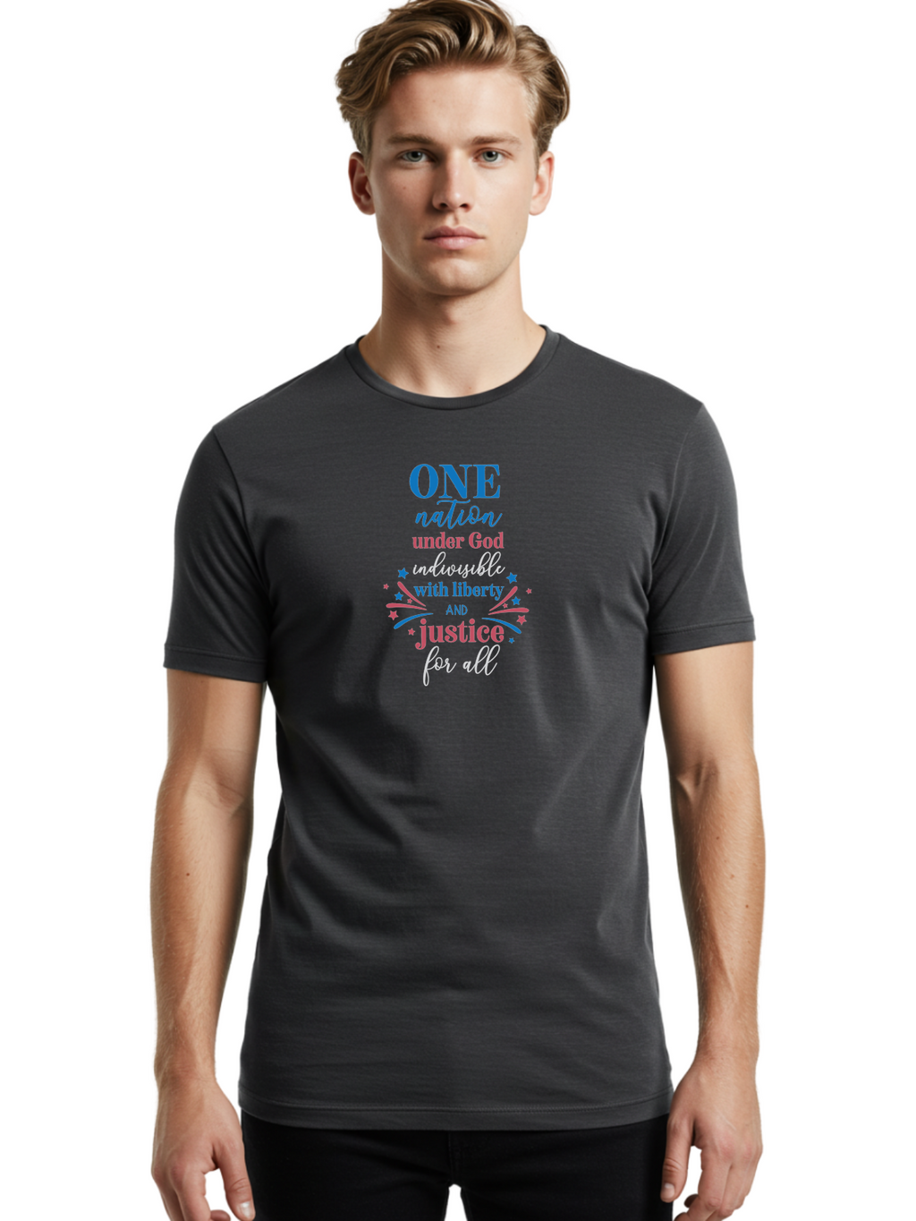 One-Nation-Under-God-Indivisible-With-Liberty-And-Justice-For-All Men'S Graphic Tee, 100% Cotton, Comfortable Casual Summer Wear, Machine Washable, Patriotic Quote, Pledge Of Allegiance, National Pride, American Values, Unity, Freedom, Aad072