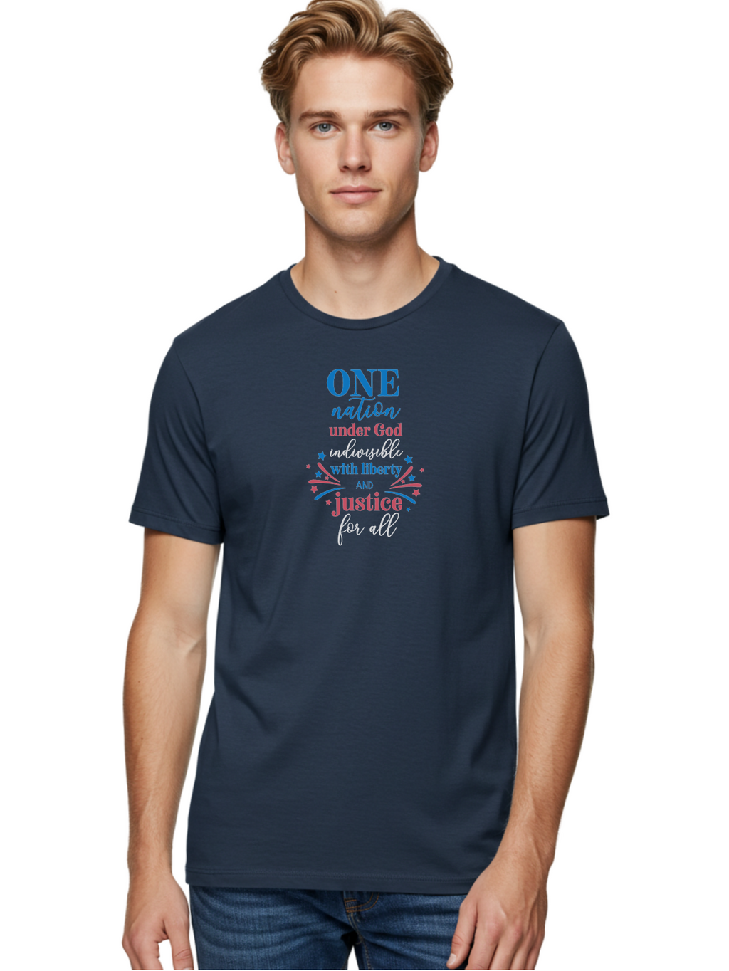 One-Nation-Under-God-Indivisible-With-Liberty-And-Justice-For-All Men'S Graphic Tee, 100% Cotton, Comfortable Casual Summer Wear, Machine Washable, Patriotic Quote, Pledge Of Allegiance, National Pride, American Values, Unity, Freedom, Aad072