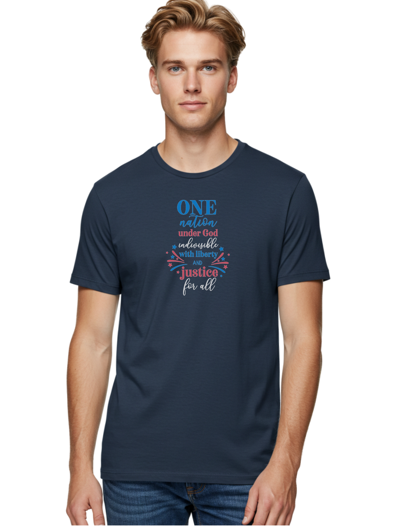 One-Nation-Under-God-Indivisible-With-Liberty-And-Justice-For-All Men'S Graphic Tee, 100% Cotton, Comfortable Casual Summer Wear, Machine Washable, Patriotic Quote, Pledge Of Allegiance, National Pride, American Values, Unity, Freedom, Aad072