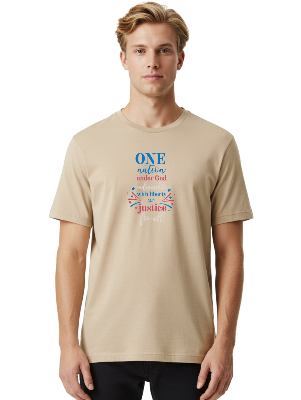 One-Nation-Under-God-Indivisible-With-Liberty-And-Justice-For-All Men'S Graphic Tee, 100% Cotton, Comfortable Casual Summer Wear, Machine Washable, Patriotic Quote, Pledge Of Allegiance, National Pride, American Values, Unity, Freedom, Aad072