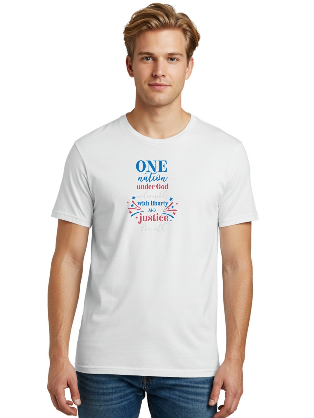 One-Nation-Under-God-Indivisible-With-Liberty-And-Justice-For-All Men'S Graphic Tee, 100% Cotton, Comfortable Casual Summer Wear, Machine Washable, Patriotic Quote, Pledge Of Allegiance, National Pride, American Values, Unity, Freedom, Aad072