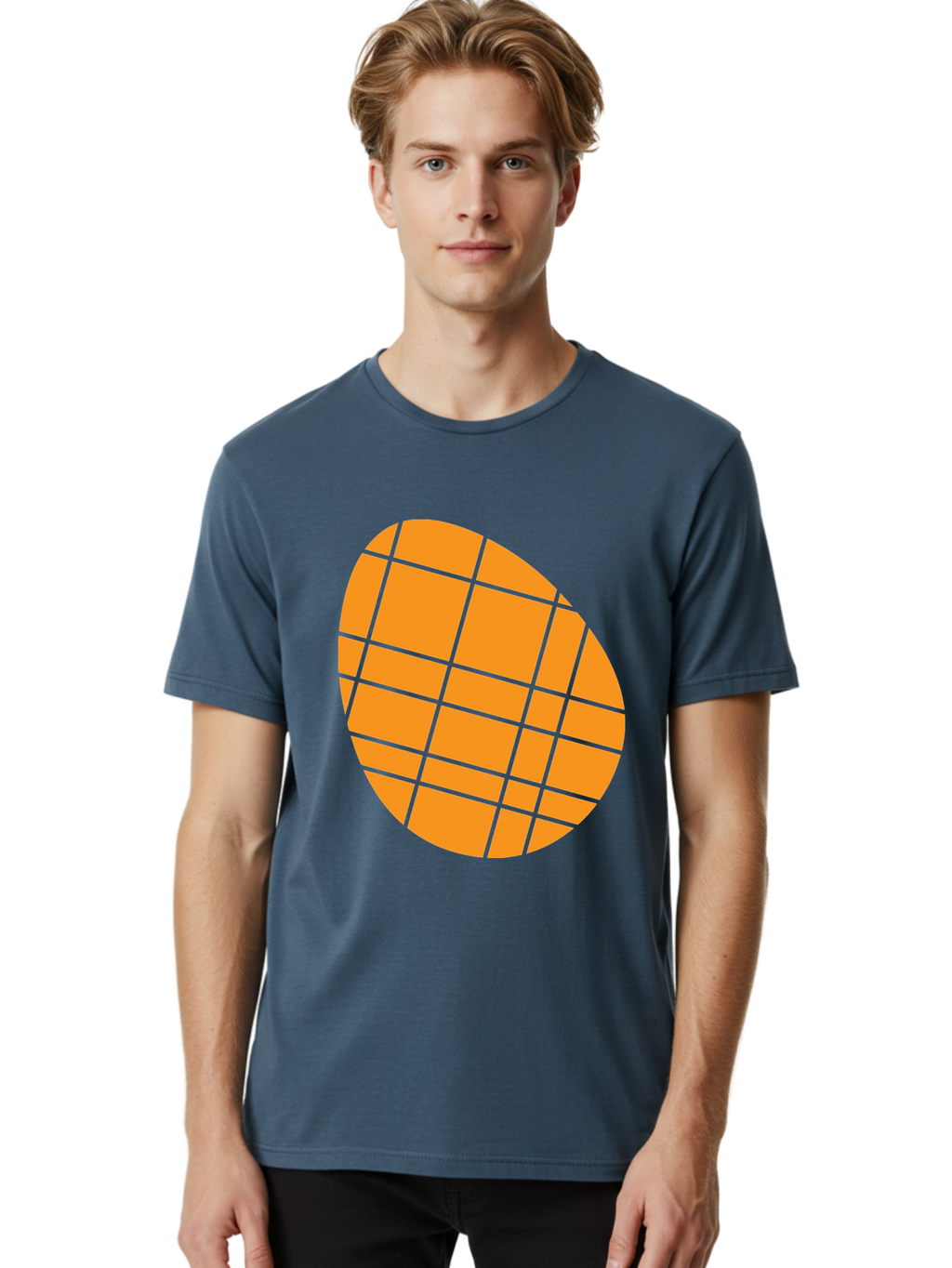 Orange-Grid-Circle Men'S Graphic Tee, 100% Cotton, Comfortable Casual Summer Wear, Machine Washable, Orange Circle, Grid Pattern, Neon Green Grid, Abstract Design, Modern Art, Geometric Shape Aad073