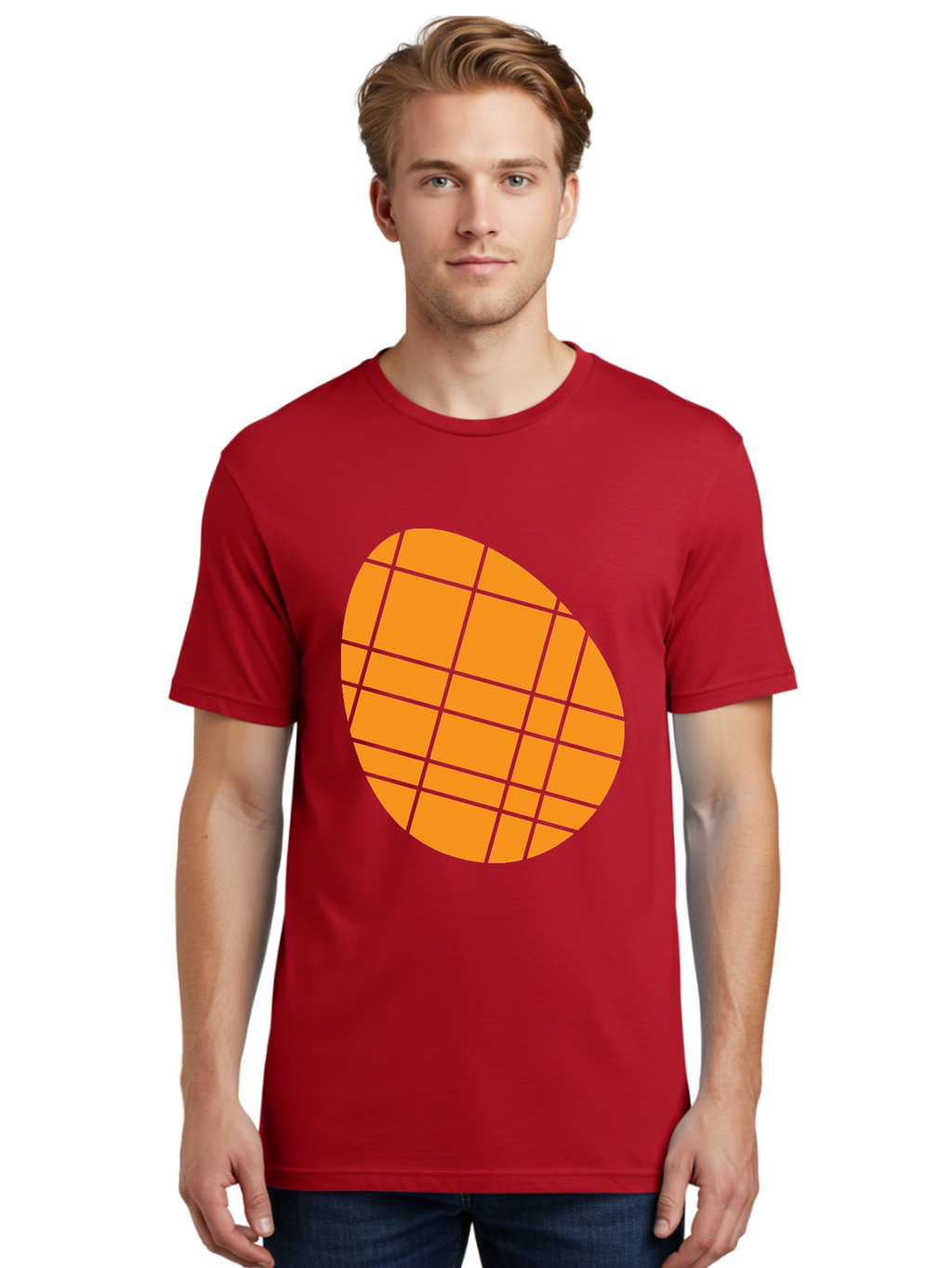 Orange-Grid-Circle Men'S Graphic Tee, 100% Cotton, Comfortable Casual Summer Wear, Machine Washable, Orange Circle, Grid Pattern, Neon Green Grid, Abstract Design, Modern Art, Geometric Shape Aad073