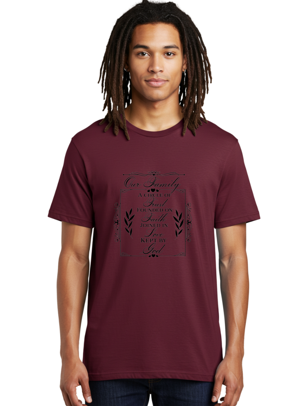 Our-Family Men'S Graphic Tee, 100% Cotton, Comfortable Casual Summer Wear, Machine Washable, Family Values, Trust, Faith, Love, God, Heartwarming Quotes, Inspirational Quotes, Decorative Text, Family Bonding Aad079