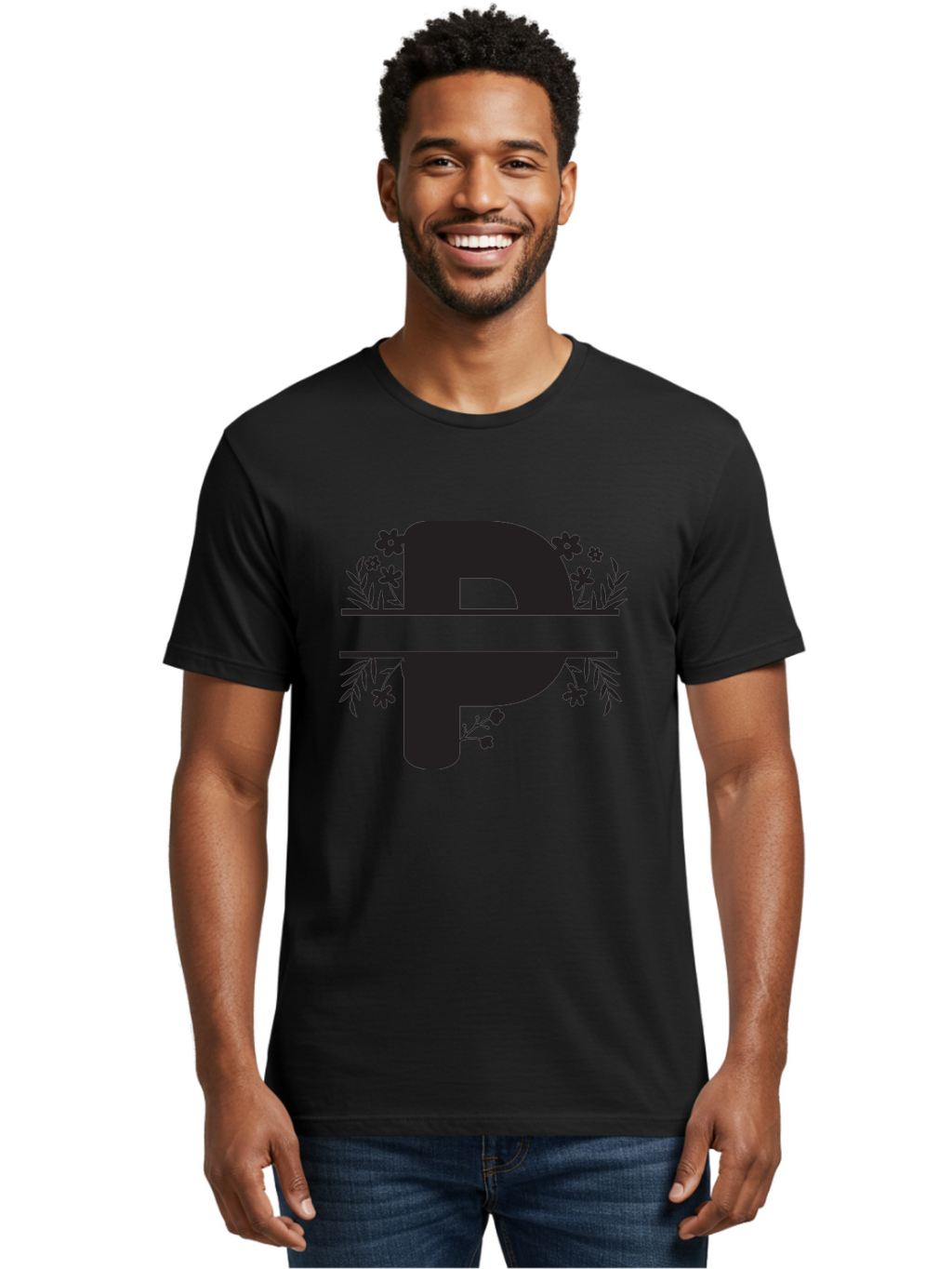 P-1 Men'S Graphic Tee, 100% Cotton, Comfortable Casual Summer Wear, Machine Washable, Large Black Letter P, Floral Designs, Flowers And Leaves, Black Silhouettes, Bold Typography, Decorative Elements, Symbolic Representation Aad081