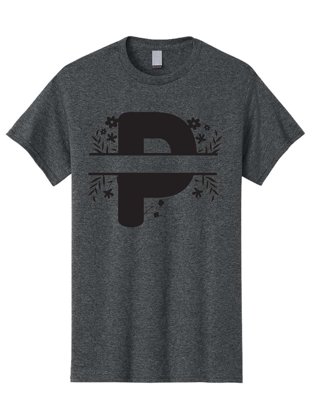 P-1 Men'S Graphic Tee, 100% Cotton, Comfortable Casual Summer Wear, Machine Washable, Large Black Letter P, Floral Designs, Flowers And Leaves, Black Silhouettes, Bold Typography, Decorative Elements, Symbolic Representation Aad081