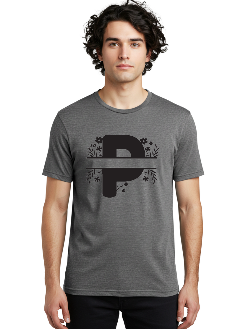 P-1 Men'S Graphic Tee, 100% Cotton, Comfortable Casual Summer Wear, Machine Washable, Large Black Letter P, Floral Designs, Flowers And Leaves, Black Silhouettes, Bold Typography, Decorative Elements, Symbolic Representation Aad081