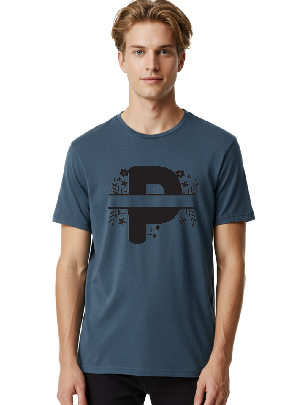 P-1 Men'S Graphic Tee, 100% Cotton, Comfortable Casual Summer Wear, Machine Washable, Large Black Letter P, Floral Designs, Flowers And Leaves, Black Silhouettes, Bold Typography, Decorative Elements, Symbolic Representation Aad081