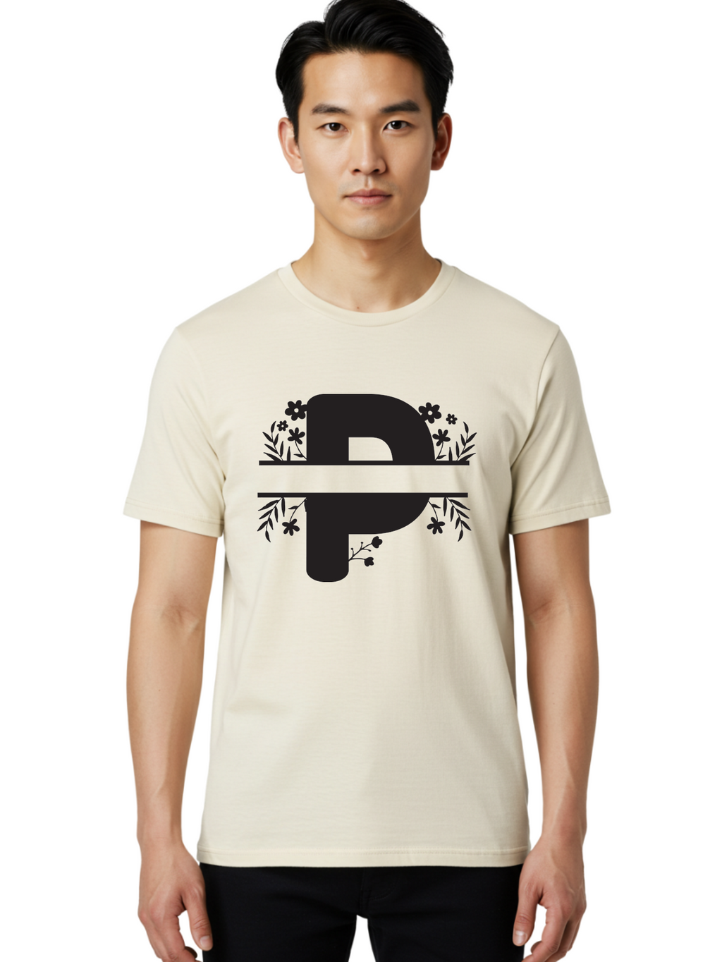 P-1 Men'S Graphic Tee, 100% Cotton, Comfortable Casual Summer Wear, Machine Washable, Large Black Letter P, Floral Designs, Flowers And Leaves, Black Silhouettes, Bold Typography, Decorative Elements, Symbolic Representation Aad081