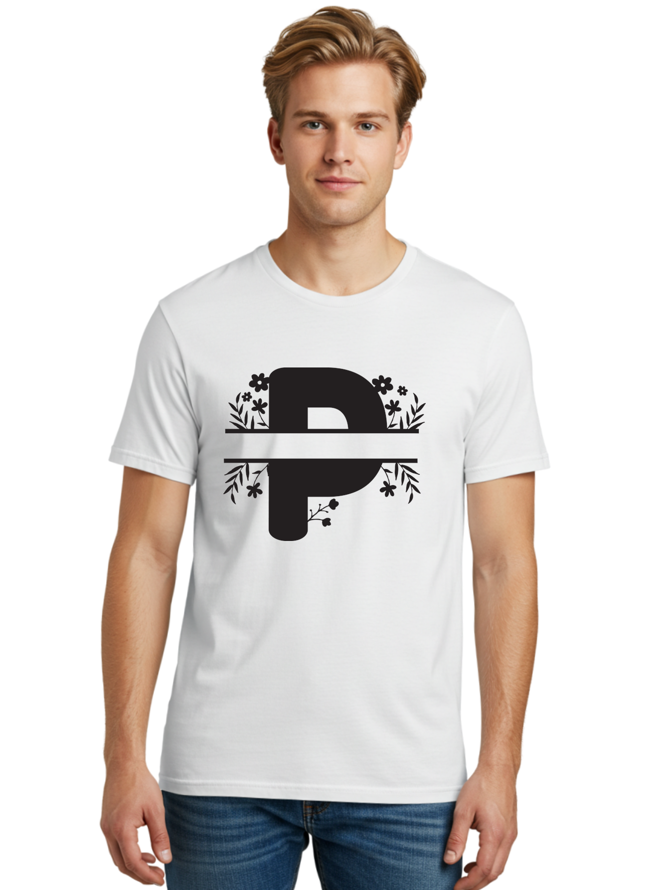 P-1 Men'S Graphic Tee, 100% Cotton, Comfortable Casual Summer Wear, Machine Washable, Large Black Letter P, Floral Designs, Flowers And Leaves, Black Silhouettes, Bold Typography, Decorative Elements, Symbolic Representation Aad081