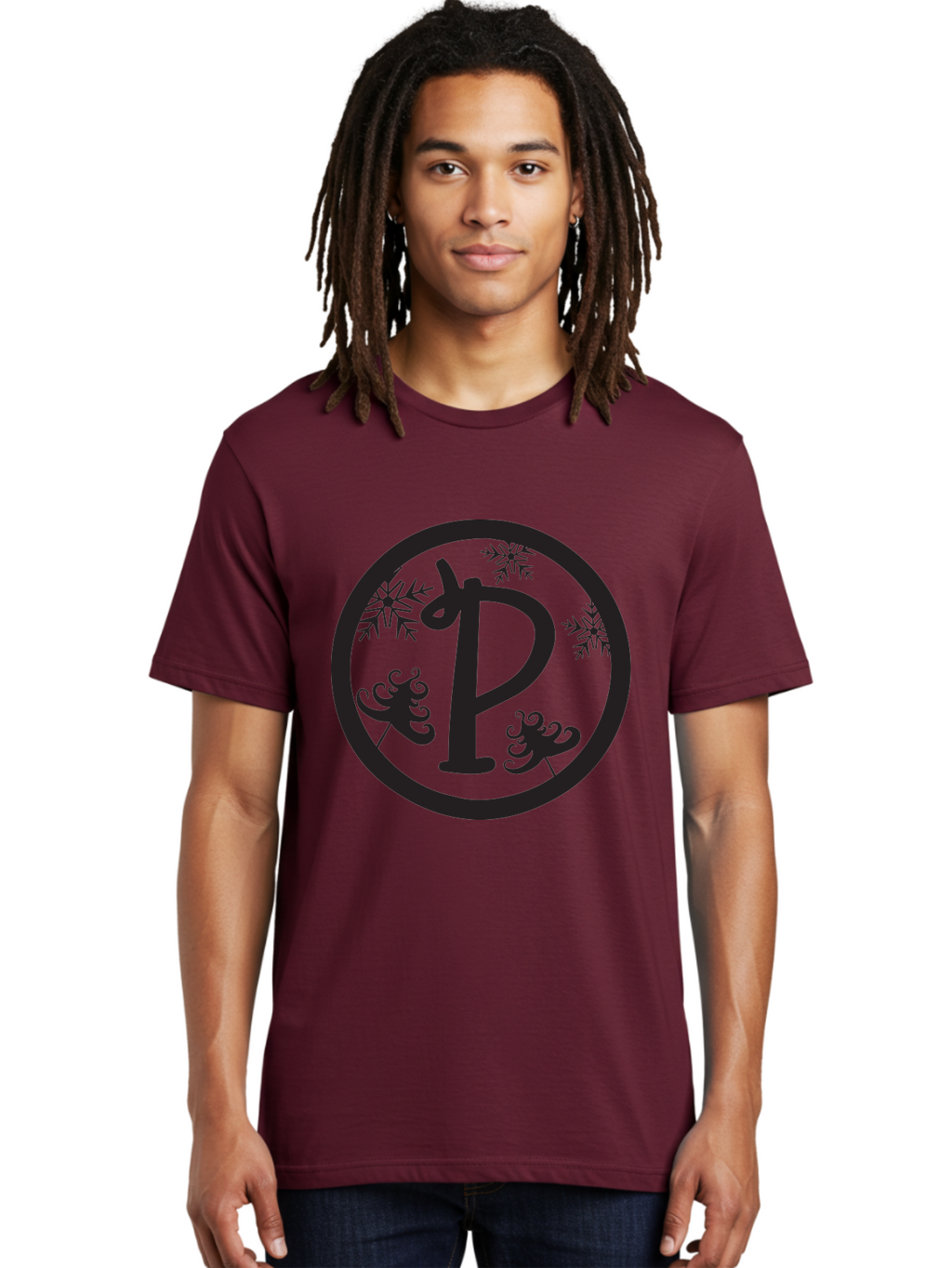 P Men'S Graphic Tee, 100% Cotton, Comfortable Casual Summer Wear, Machine Washable, Winter Wonderland, Festive Decorations, Christmas Trees, Snowflakes, Holiday Season, Elegant Typography, Black Silhouette, Decorative Elements Aad082