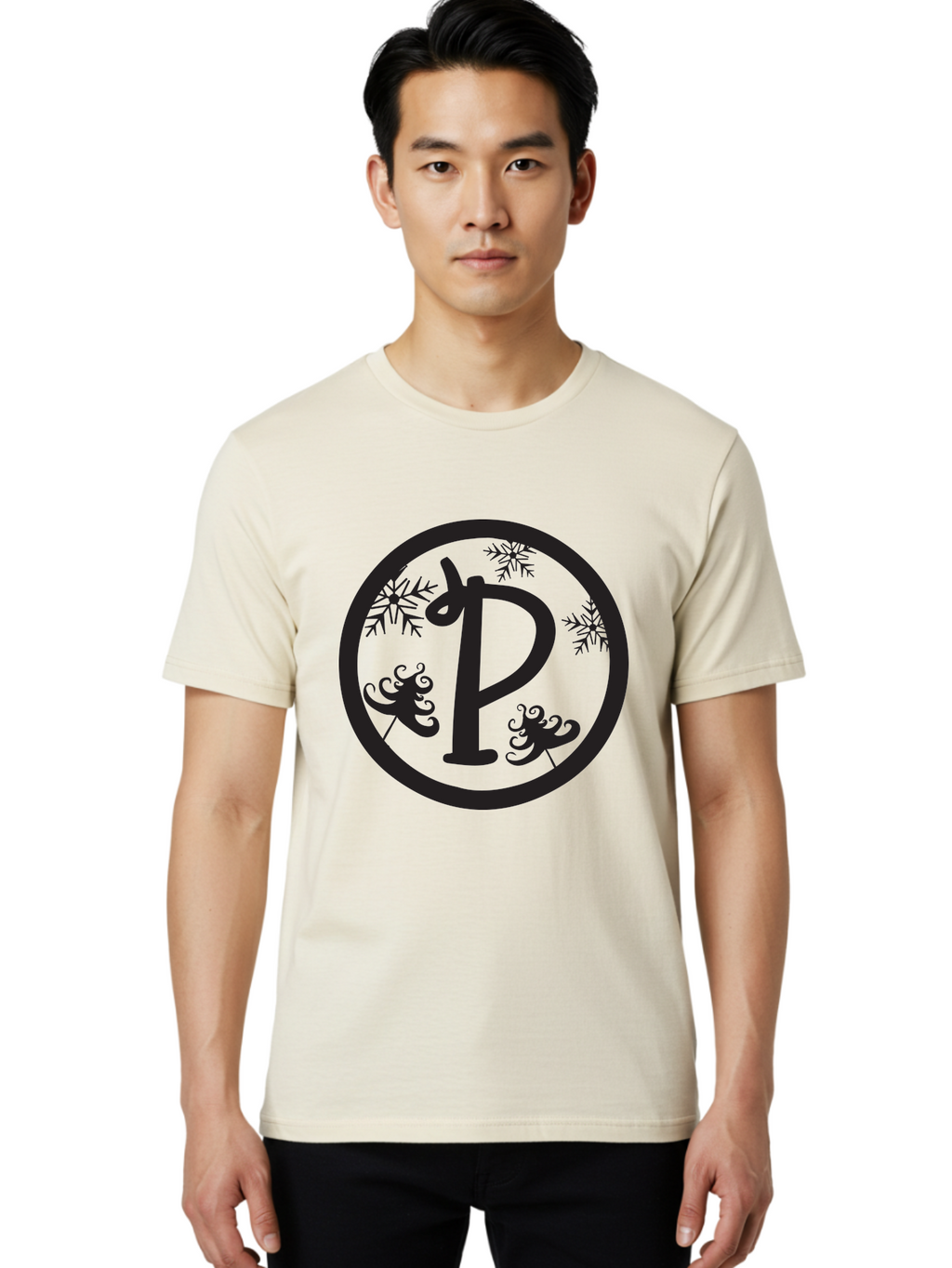 P Men'S Graphic Tee, 100% Cotton, Comfortable Casual Summer Wear, Machine Washable, Winter Wonderland, Festive Decorations, Christmas Trees, Snowflakes, Holiday Season, Elegant Typography, Black Silhouette, Decorative Elements Aad082