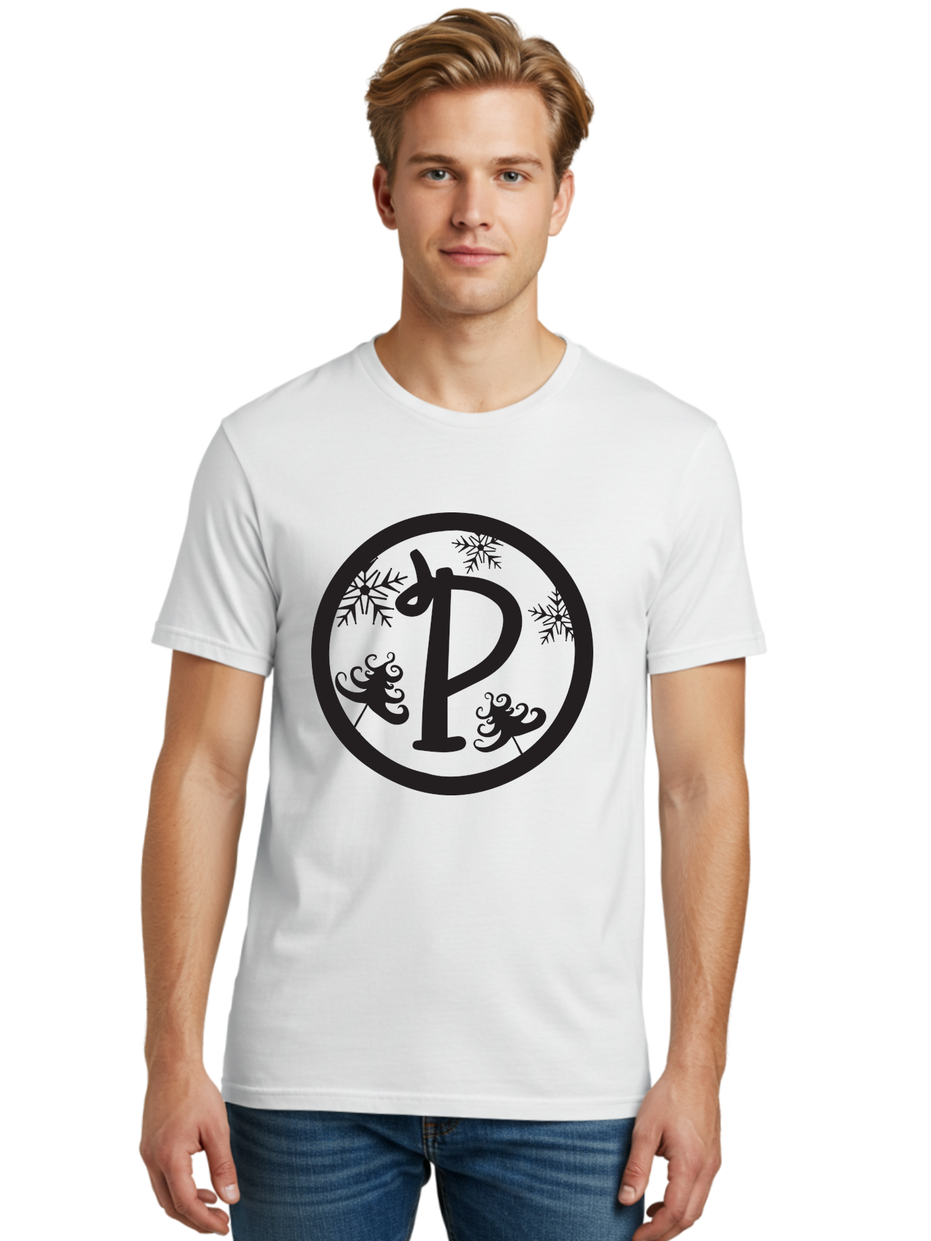 P Men'S Graphic Tee, 100% Cotton, Comfortable Casual Summer Wear, Machine Washable, Winter Wonderland, Festive Decorations, Christmas Trees, Snowflakes, Holiday Season, Elegant Typography, Black Silhouette, Decorative Elements Aad082