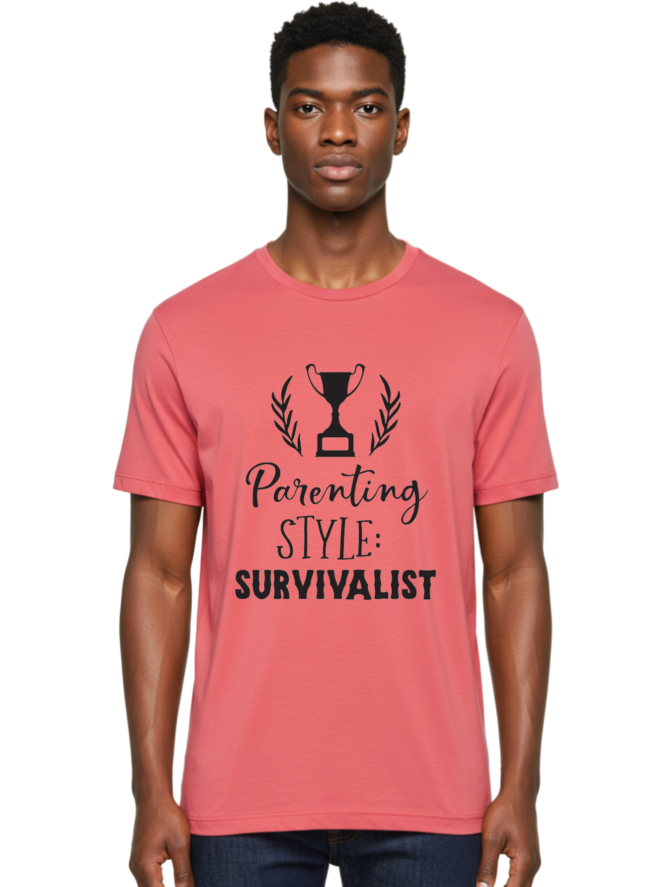 Parenting-Style-Survivalist Men'S Graphic Tee, 100% Cotton, Comfortable Casual Summer Wear, Machine Washable, Parenting Style, Survivalist Parents, Humorous Parenting, Parenting Humor, Trophy Award, Laurel Wreath, Parenting Challenges, Aad083