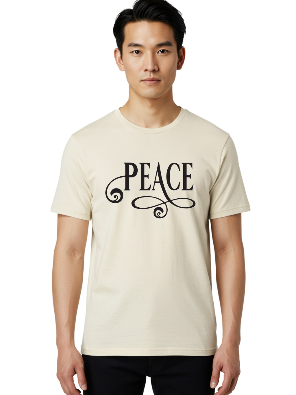Peace Men'S Graphic Tee, 100% Cotton, Comfortable Casual Summer Wear, Machine Washable, Peace Symbol, Calm Atmosphere, Serene Environment, Tranquil Vibes, Harmony, Decorative Text, Elegant Typography, Inspiring Quote Aad085