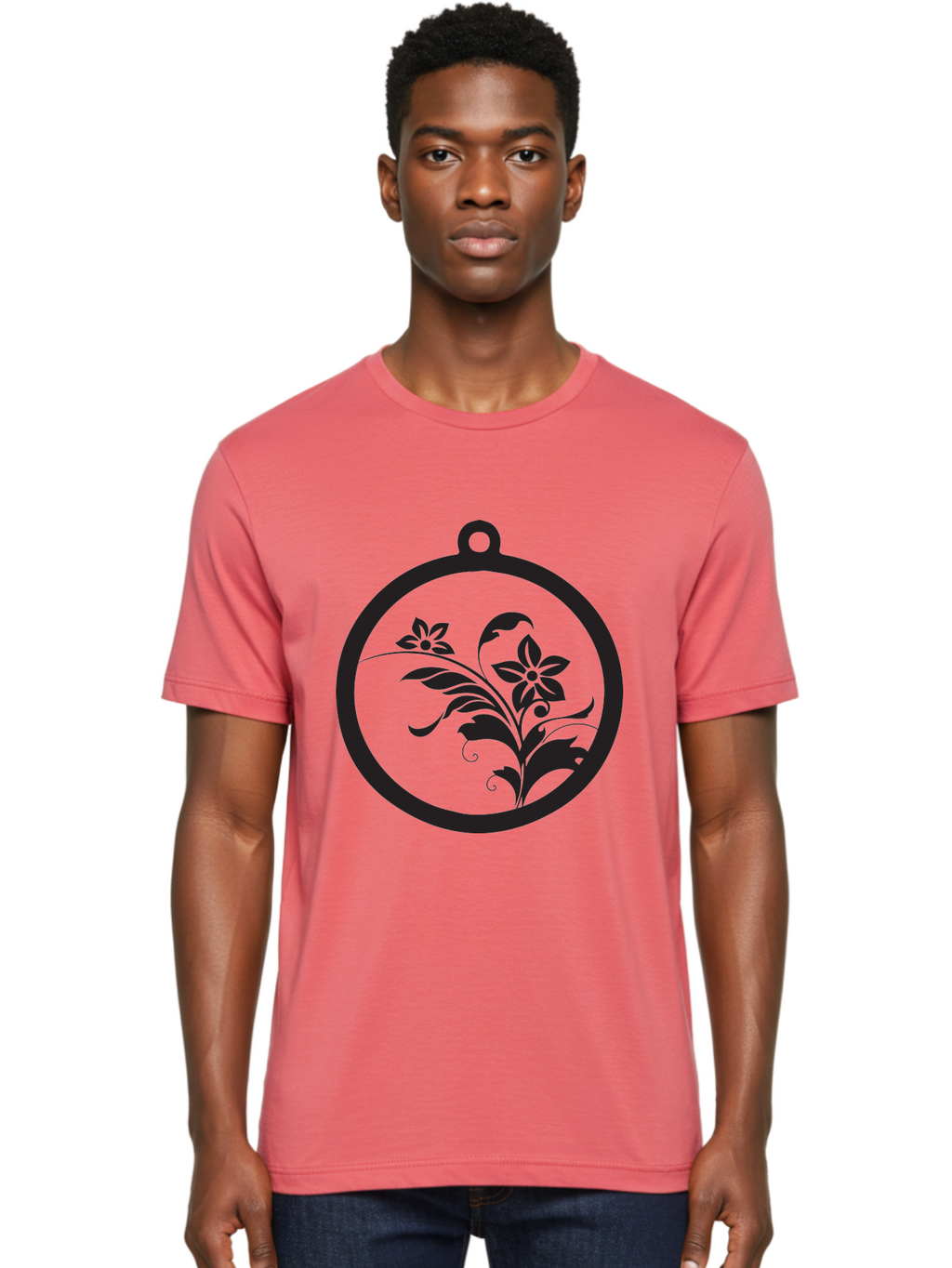 Pendant-With-Flowers Men'S Graphic Tee, 100% Cotton, Comfortable Casual Summer Wear, Machine Washable, Floral Design, Pendant Shape, Circular Frame, Black Silhouette, Stylized Flowers, Leaves, Botanical Art, Jewelry Inspiration, Aad086