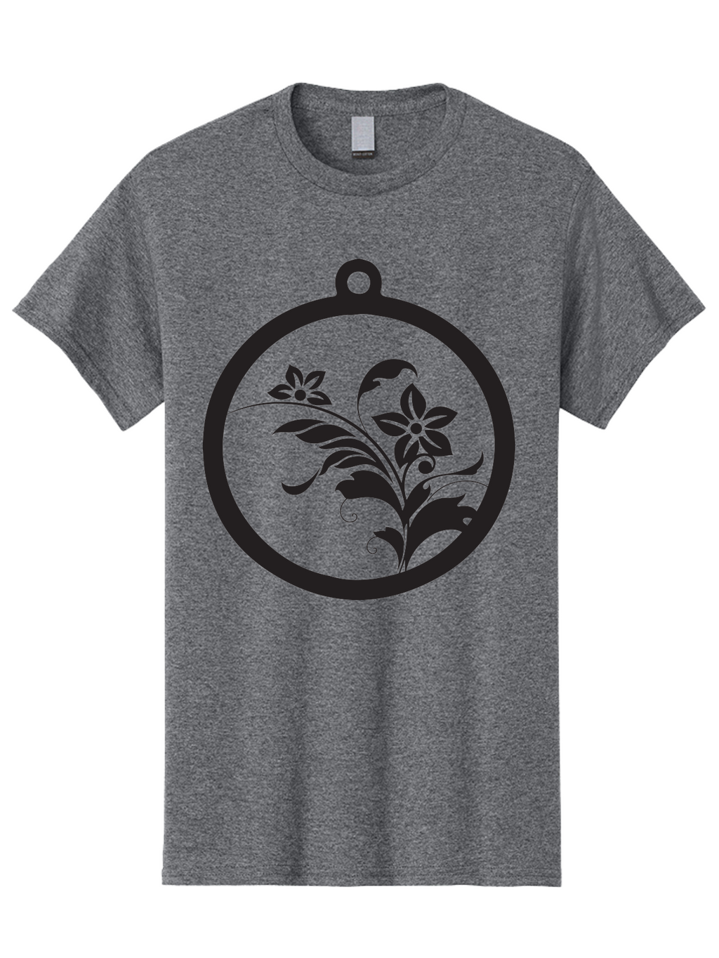 Pendant-With-Flowers Men'S Graphic Tee, 100% Cotton, Comfortable Casual Summer Wear, Machine Washable, Floral Design, Pendant Shape, Circular Frame, Black Silhouette, Stylized Flowers, Leaves, Botanical Art, Jewelry Inspiration, Aad086