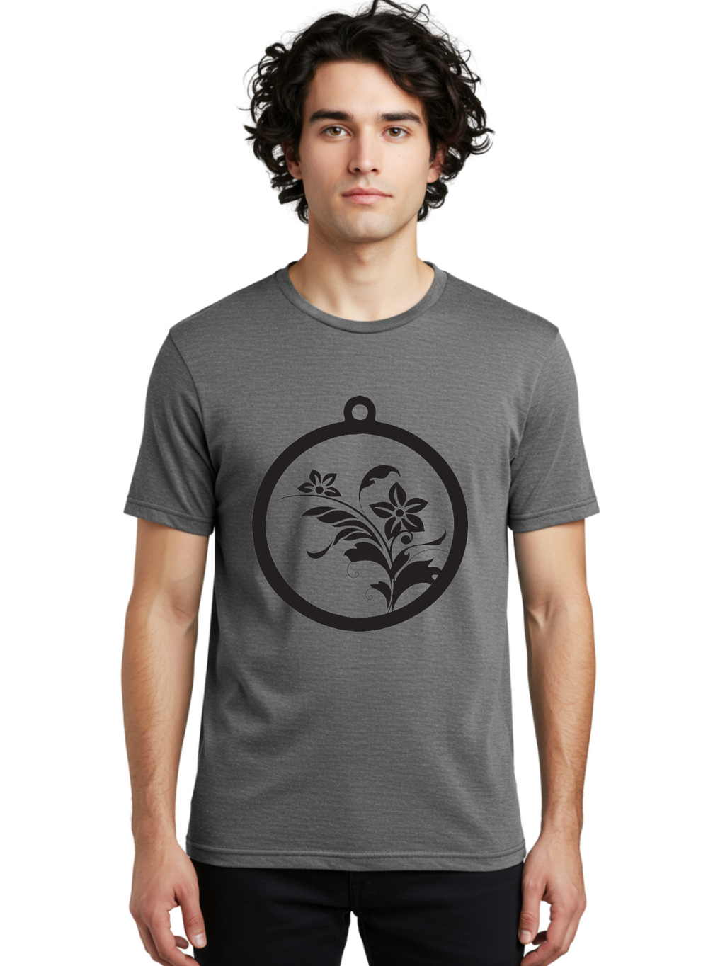 Pendant-With-Flowers Men'S Graphic Tee, 100% Cotton, Comfortable Casual Summer Wear, Machine Washable, Floral Design, Pendant Shape, Circular Frame, Black Silhouette, Stylized Flowers, Leaves, Botanical Art, Jewelry Inspiration, Aad086