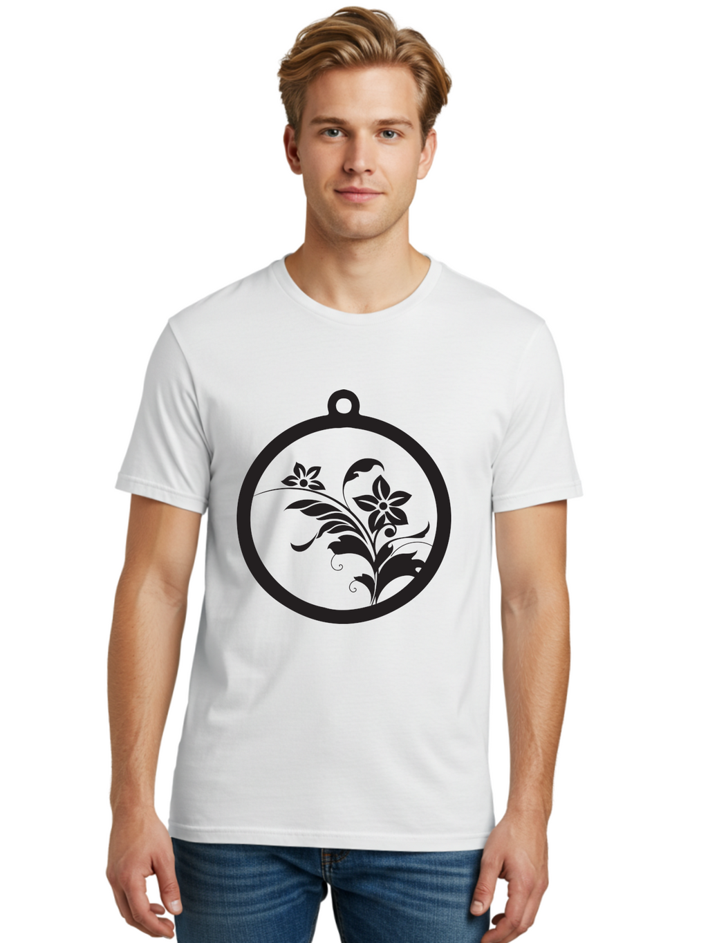 Pendant-With-Flowers Men'S Graphic Tee, 100% Cotton, Comfortable Casual Summer Wear, Machine Washable, Floral Design, Pendant Shape, Circular Frame, Black Silhouette, Stylized Flowers, Leaves, Botanical Art, Jewelry Inspiration, Aad086