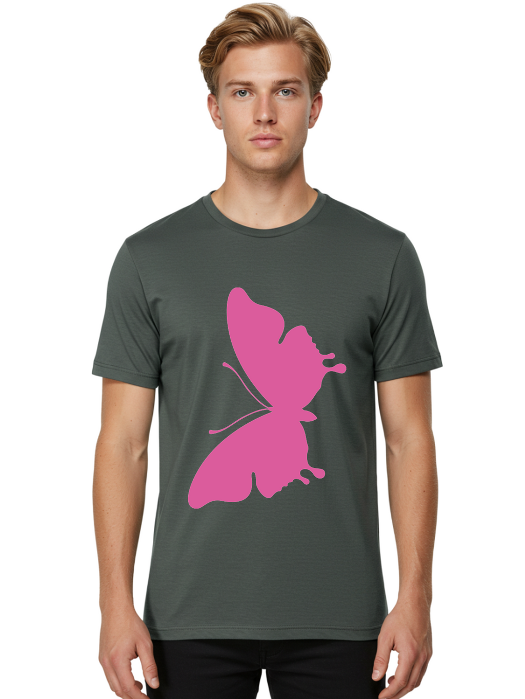 Pink-Butterfly Men'S Graphic Tee, 100% Cotton, Comfortable Casual Summer Wear, Machine Washable, Butterfly Silhouette, Pink Butterfly, Abstract Butterfly, Delicate Wings, Minimalist Design, Vibrant Pink Color, Bold Silhouette, Aad090