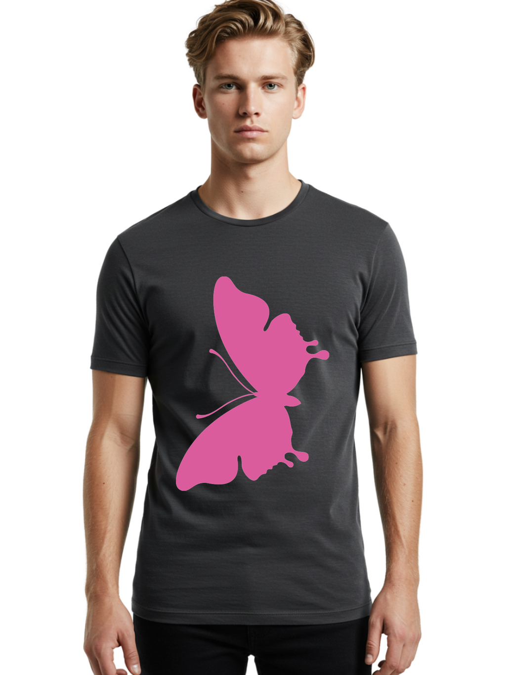 Pink-Butterfly Men'S Graphic Tee, 100% Cotton, Comfortable Casual Summer Wear, Machine Washable, Butterfly Silhouette, Pink Butterfly, Abstract Butterfly, Delicate Wings, Minimalist Design, Vibrant Pink Color, Bold Silhouette, Aad090