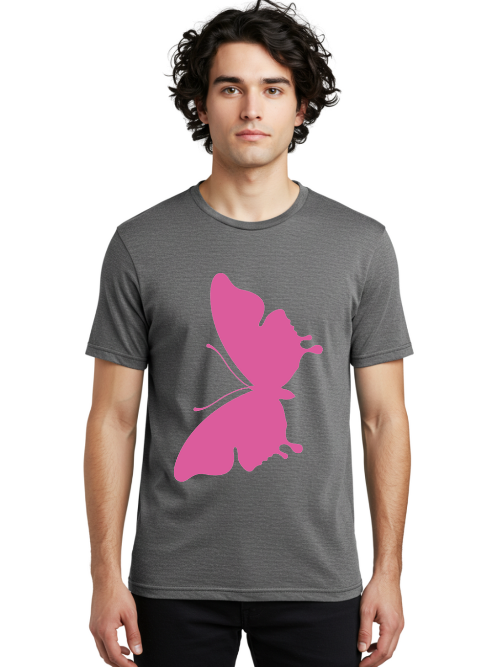 Pink-Butterfly Men'S Graphic Tee, 100% Cotton, Comfortable Casual Summer Wear, Machine Washable, Butterfly Silhouette, Pink Butterfly, Abstract Butterfly, Delicate Wings, Minimalist Design, Vibrant Pink Color, Bold Silhouette, Aad090